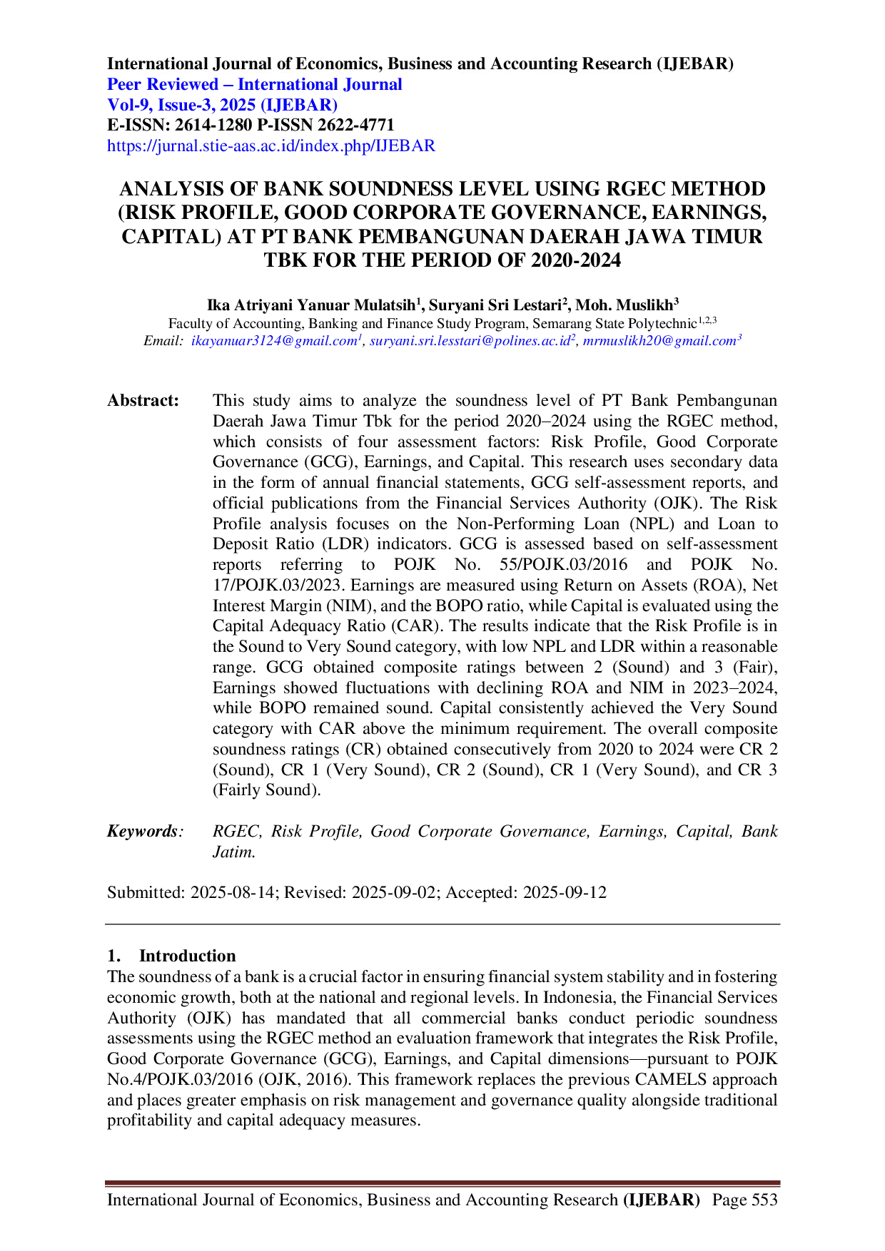 juris ANALISIS TINGKAT KESEHATAN BANK MENGGUNAKAN METODE RGEC RISK PROFILE GOOD CORPORATE GOVERNANCE EARNINGS CAPITAL PADA PT BANK PEMBANGUNAN DAERAH JAWA TIMUR TBK UNTUK PERIODE 2020 2024