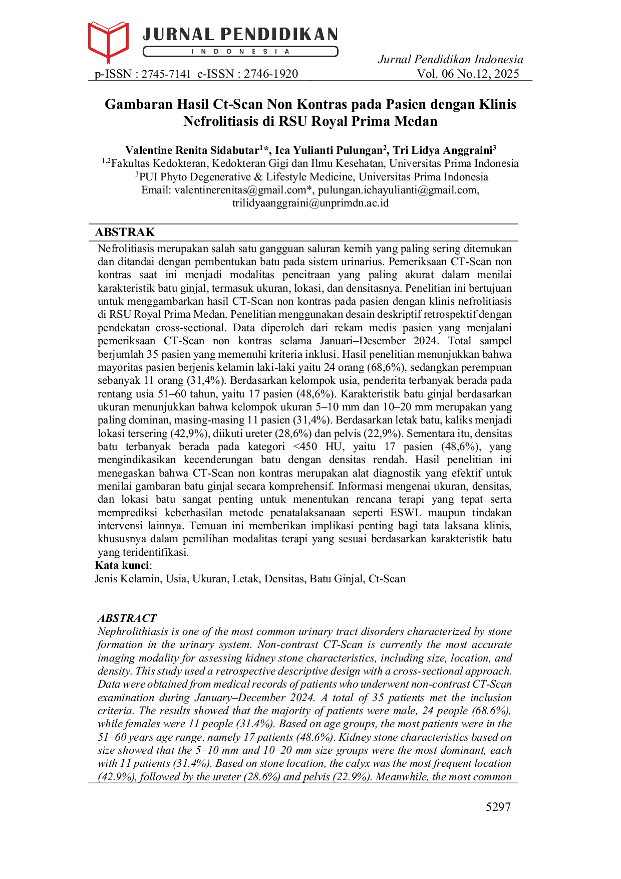 JURIS Gambaran Hasil Ct Scan Non Kontras pada Pasien dengan Klinis Nefrolitiasis di RSU Royal Prima Medan