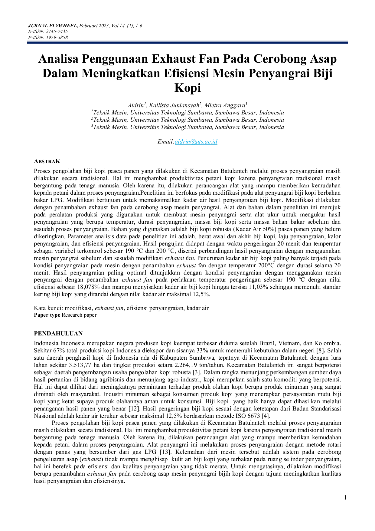 JURIS Analisa Penggunaan Exhaust Fan Pada Cerobong Asap Dalam Meningkatkan Efisiensi Mesin Penyangrai Biji Kopi