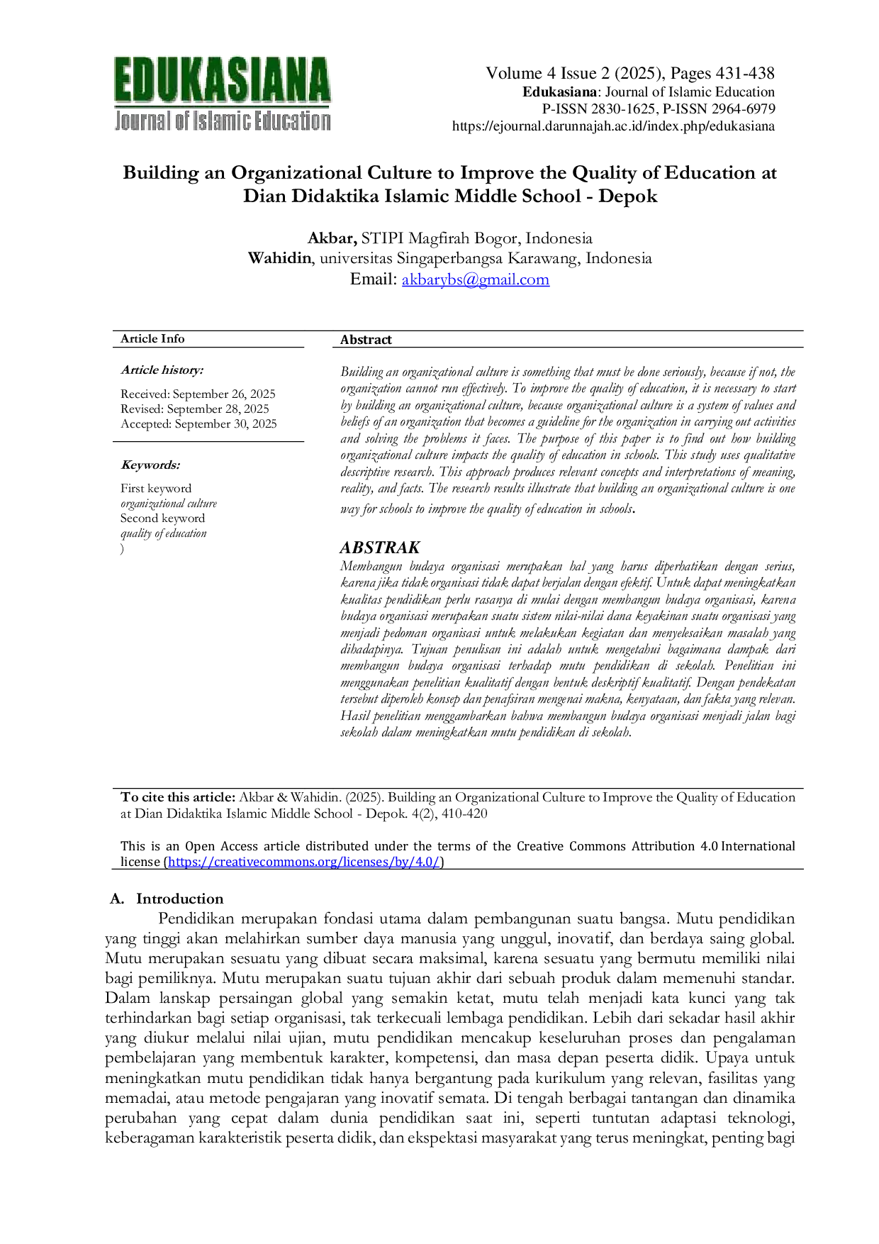 JURIS Building an Organizational Culture to Improve the Quality of Education at Dian Didaktika Islamic Middle School Depok
