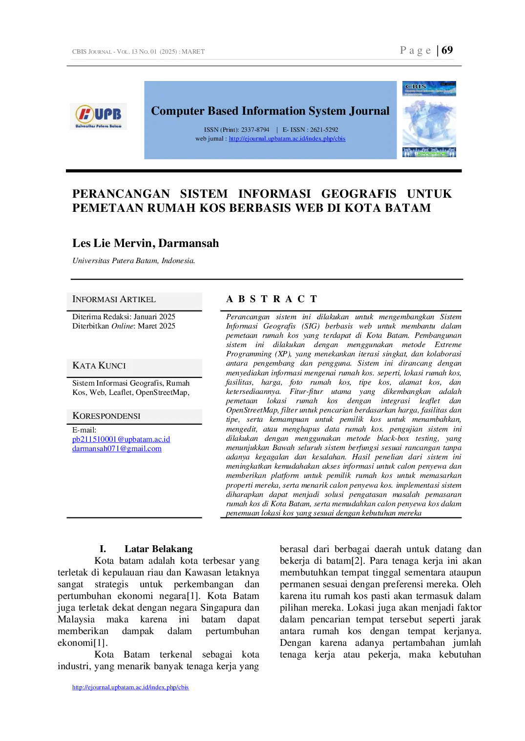 JURIS Design of a Geographic Information System for Web Based Mapping of Dorms in Batam City