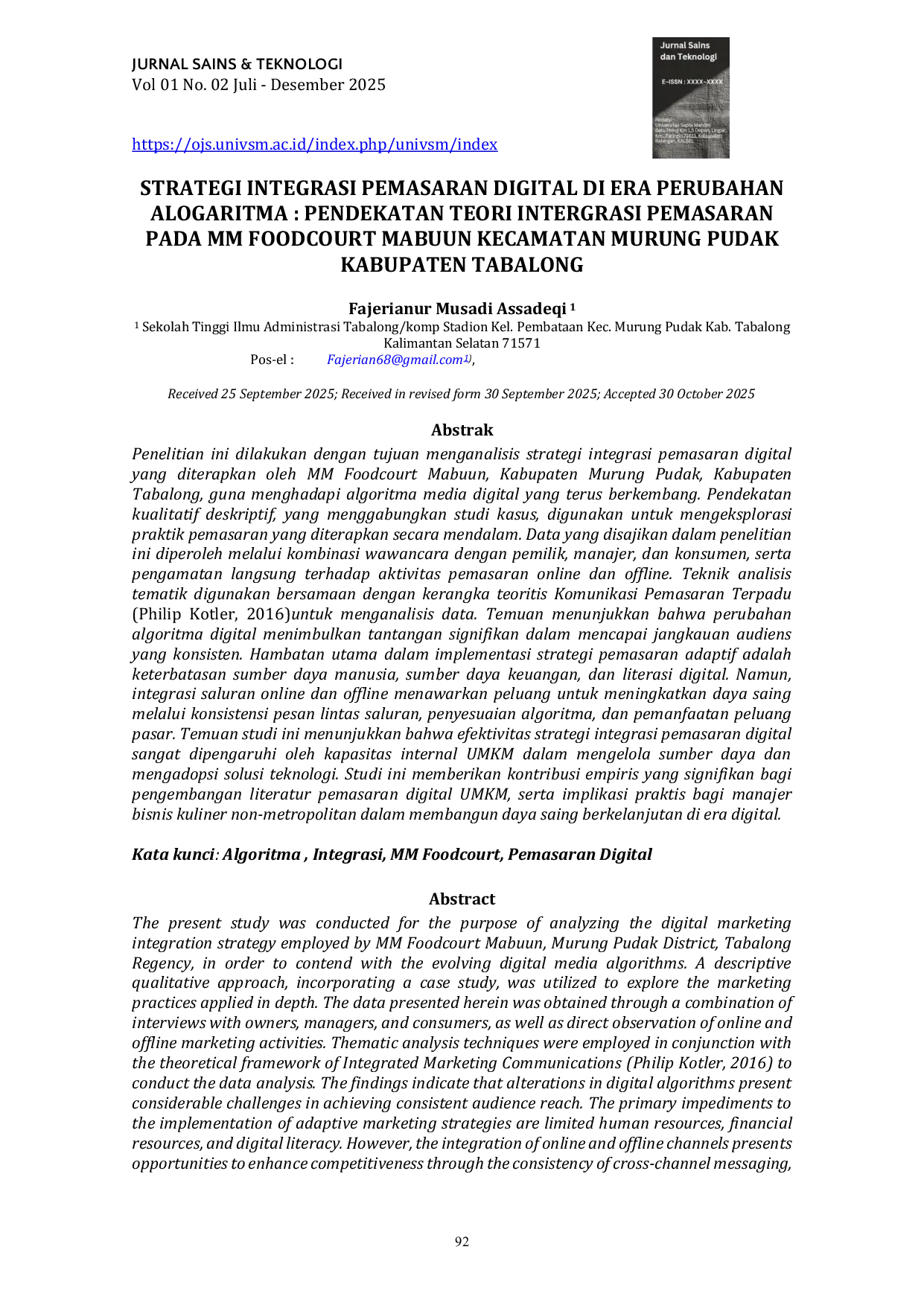 JURIS Strategi Integrasi Pemasaran Digital di Era Perubahan Algoritma Pendekatan Teori Integrasi Pemasaran pada MM Foodcourt Mabuun Kecamatan Murung Pudak Kabupaten Tabalong