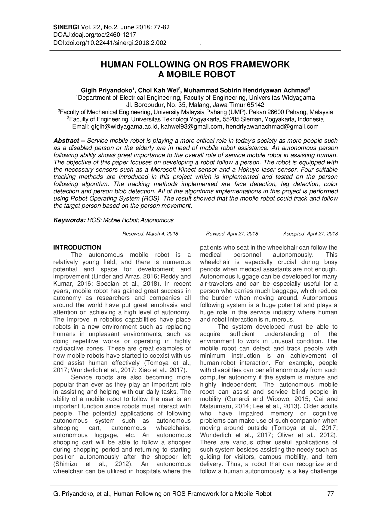 JURIS Human Following on Ros Framework for a Mobile Robot