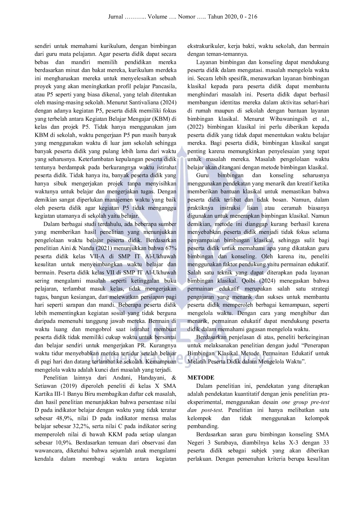 JURIS Penerapan Bimbingan Klasikal Metode Permainan Edukatif Untuk Melatih Peserta Didik Dalam Mengelola Waktu