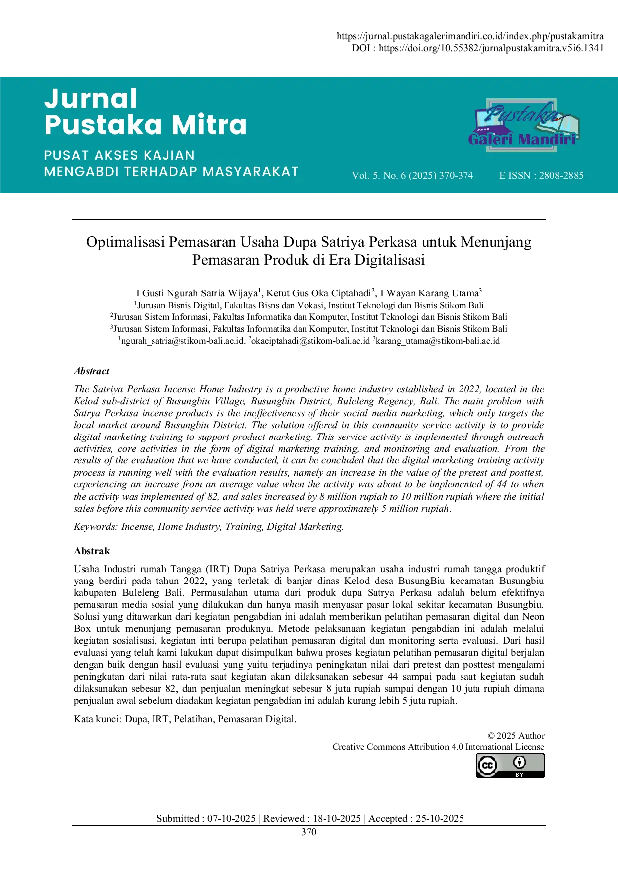 JURIS Optimalisasi Pemasaran Usaha Dupa Satriya Perkasa untuk Menunjang Pemasaran Produk di Era Digitalisasi
