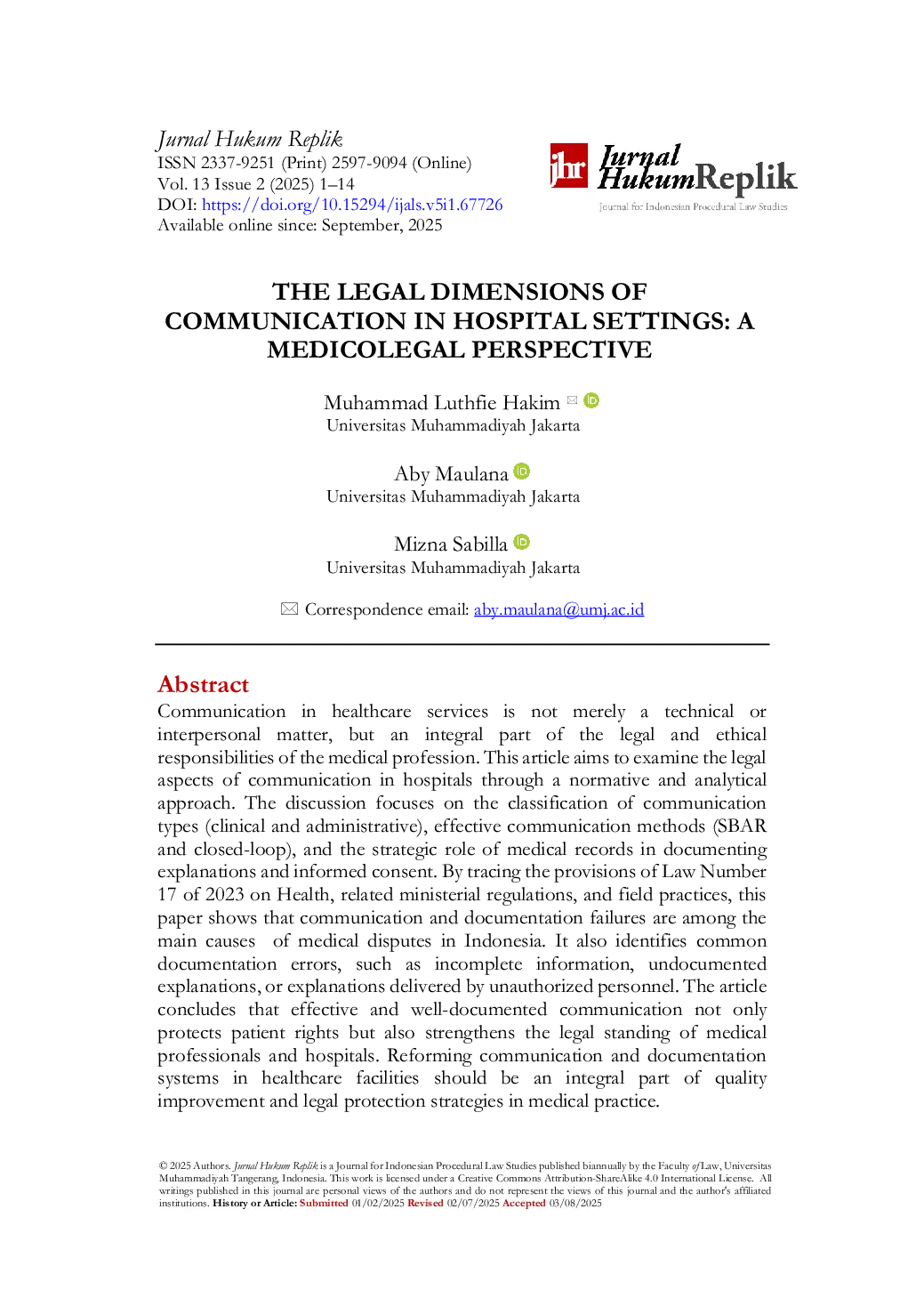 JURIS The Legal Dimensions of Communication in Hospital Settings A Medicolegal Perspective