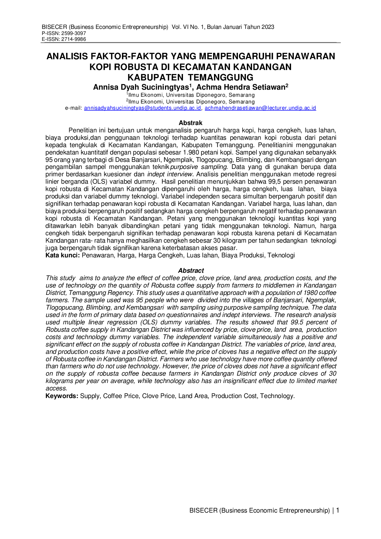 JURIS Analisis Faktor Faktor Yang Mempengaruhi Penawaran Kopi Robusta Di Kecamatan Kandangan Kabupaten Temanggung