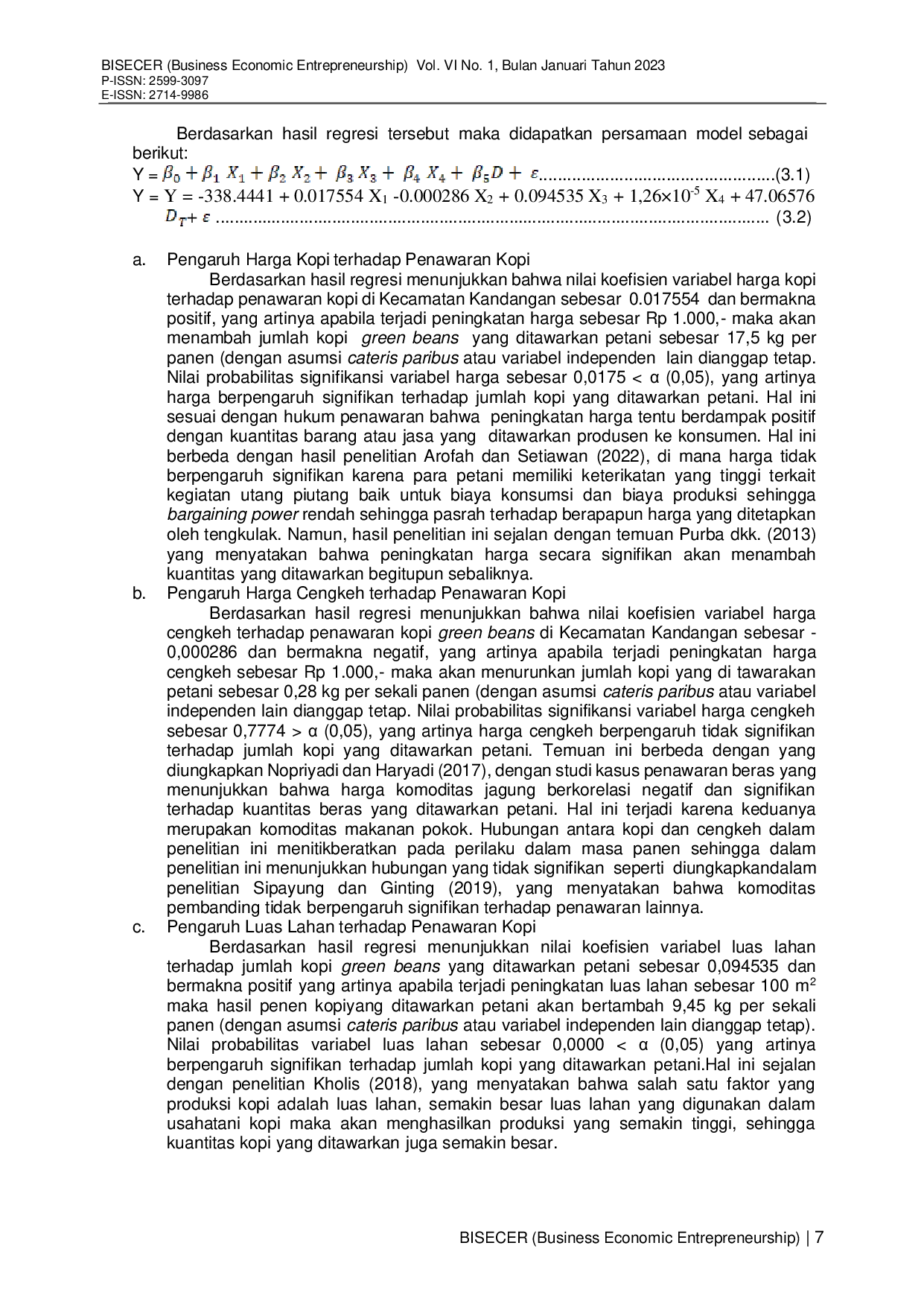 JURIS Analisis Faktor Faktor Yang Mempengaruhi Penawaran Kopi Robusta Di Kecamatan Kandangan Kabupaten Temanggung