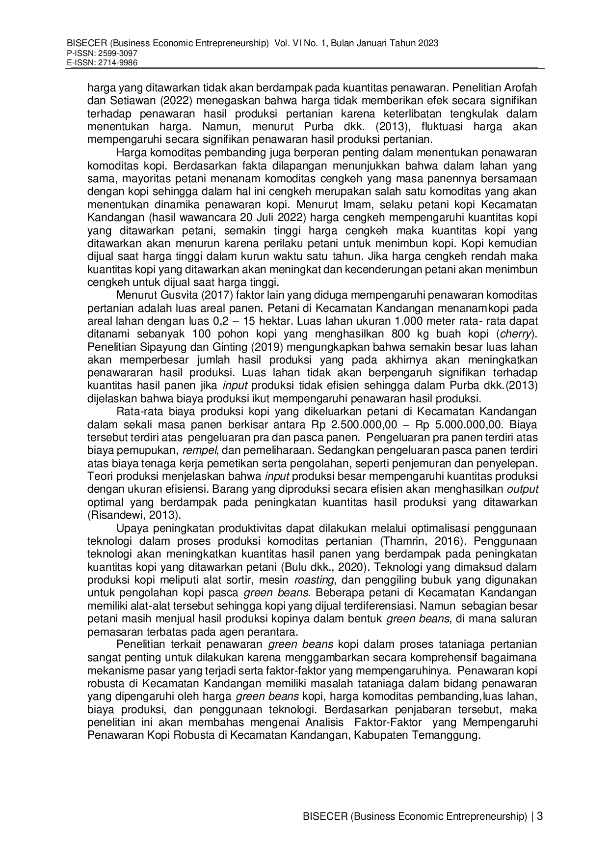 JURIS Analisis Faktor Faktor Yang Mempengaruhi Penawaran Kopi Robusta Di Kecamatan Kandangan Kabupaten Temanggung