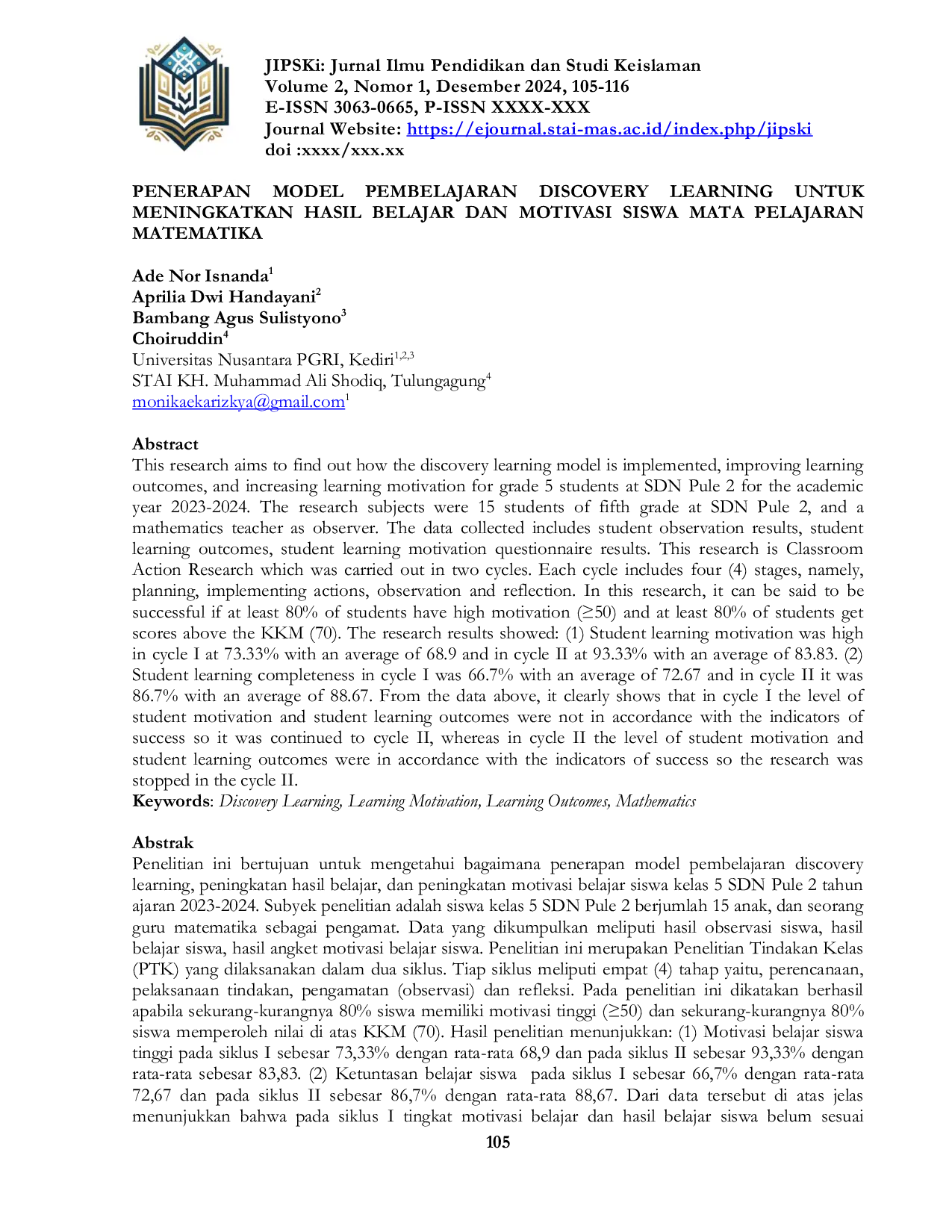 JURIS Penerapan Model Pembelajaran Discovery Learning Untuk Meningkatkan Hasil Belajar Dan Motivasi Siswa Mata Pelajaran Matematika