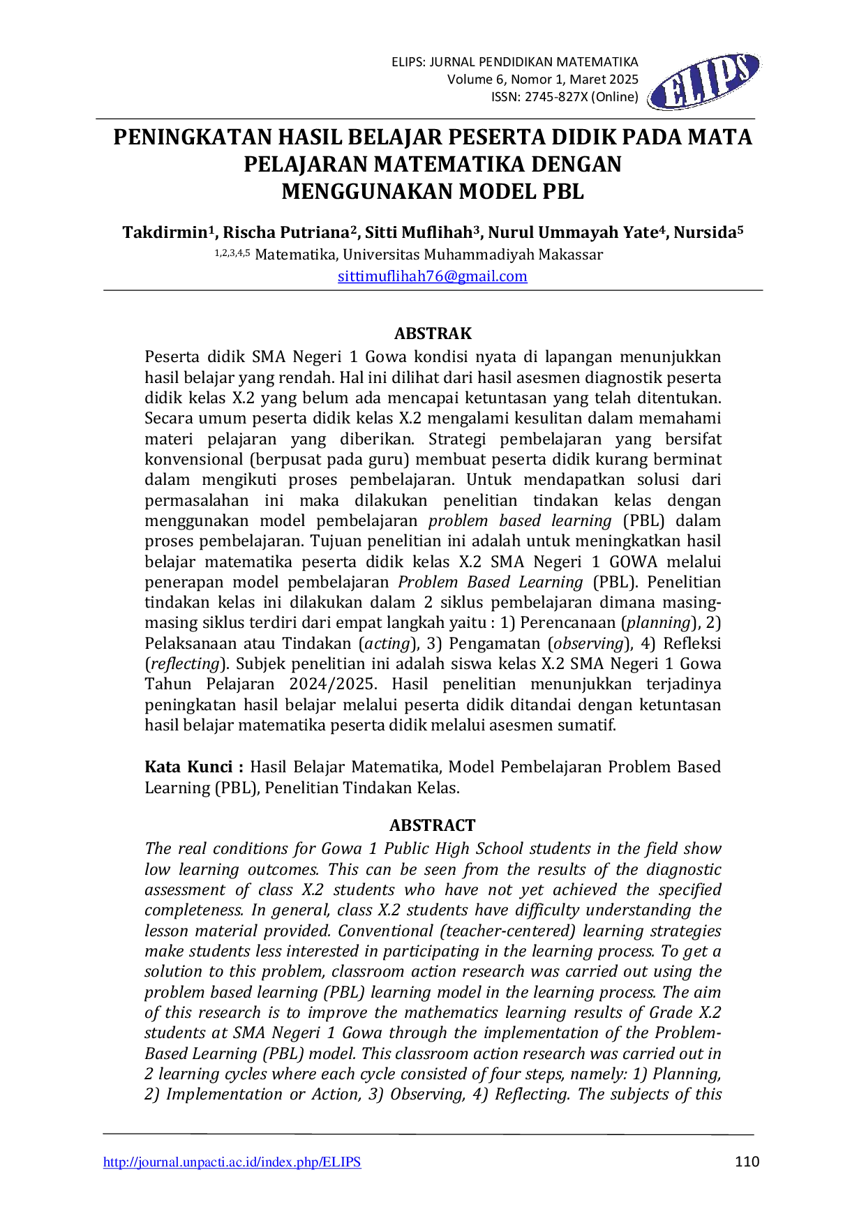 JURIS Peningkatan Hasil Belajar Peserta Didik Pada Mata Pelajaran Matematika dengan Menggunakan Model PBL