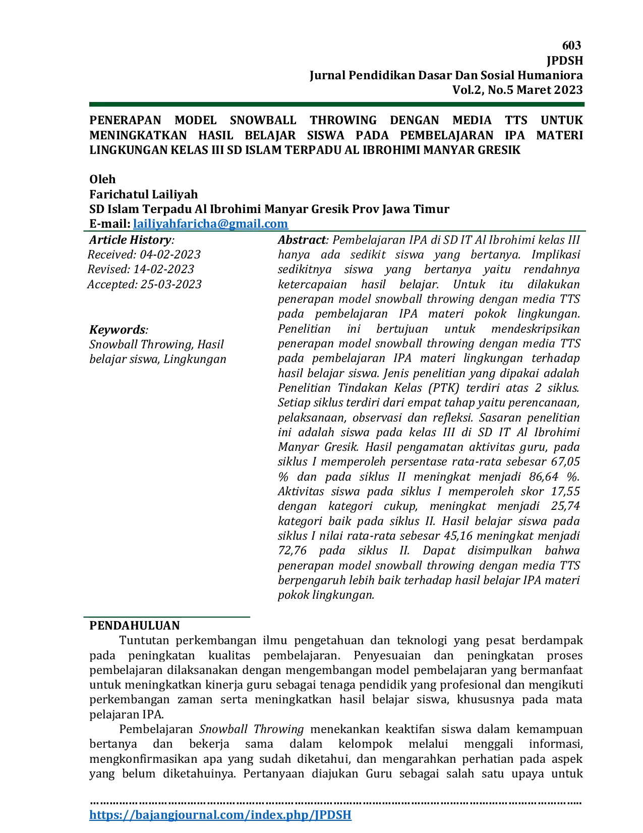 JURIS Penerapan Model Snowball Throwing dengan Media TTS untuk Meningkatkan Hasil Belajar Siswa pada Pembelajaran IPA Materi Lingkungan Kelas III SD Islam Terpadu Al Ibrohimi Manyar Gresik