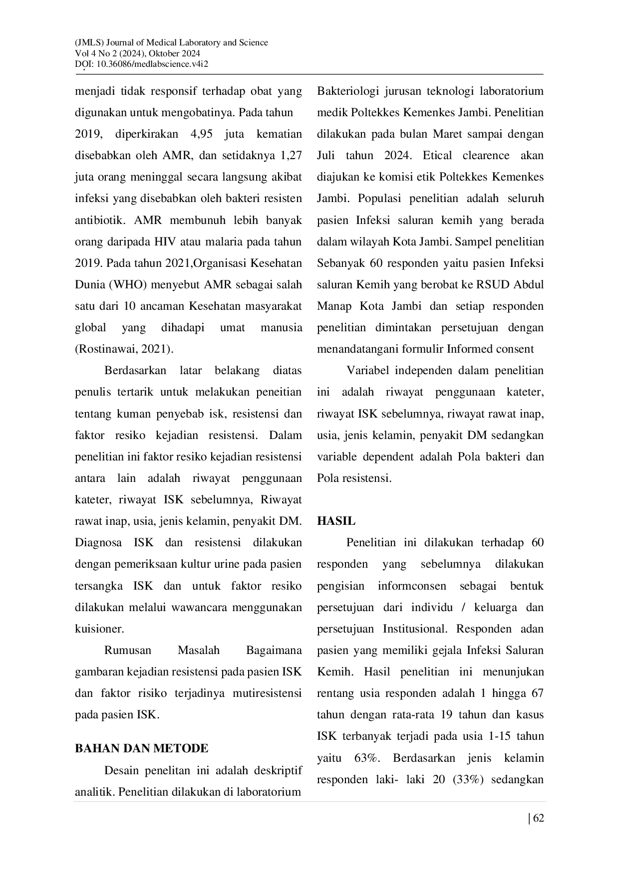 JURIS Pola Kuman dan Faktor Risiko Kejadian Resistensi pada Pasien Infeksi Saluran Kemih