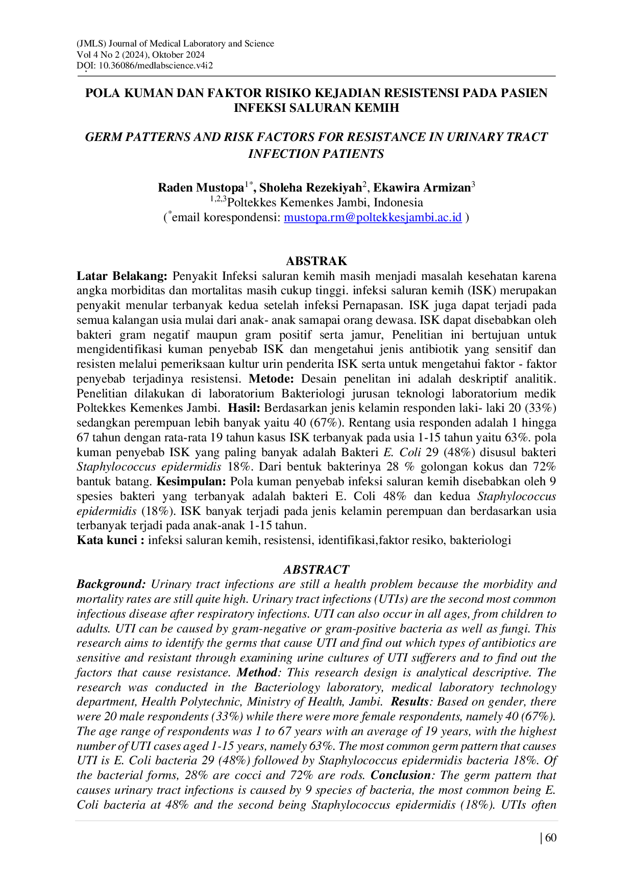 JURIS Pola Kuman dan Faktor Risiko Kejadian Resistensi pada Pasien Infeksi Saluran Kemih