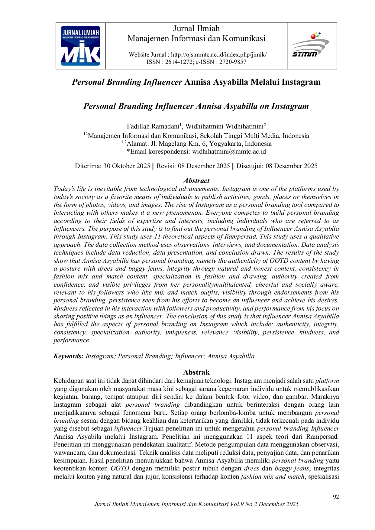 JURIS Personal Branding Influencer Annisa Asyabilla Melalui Instagram