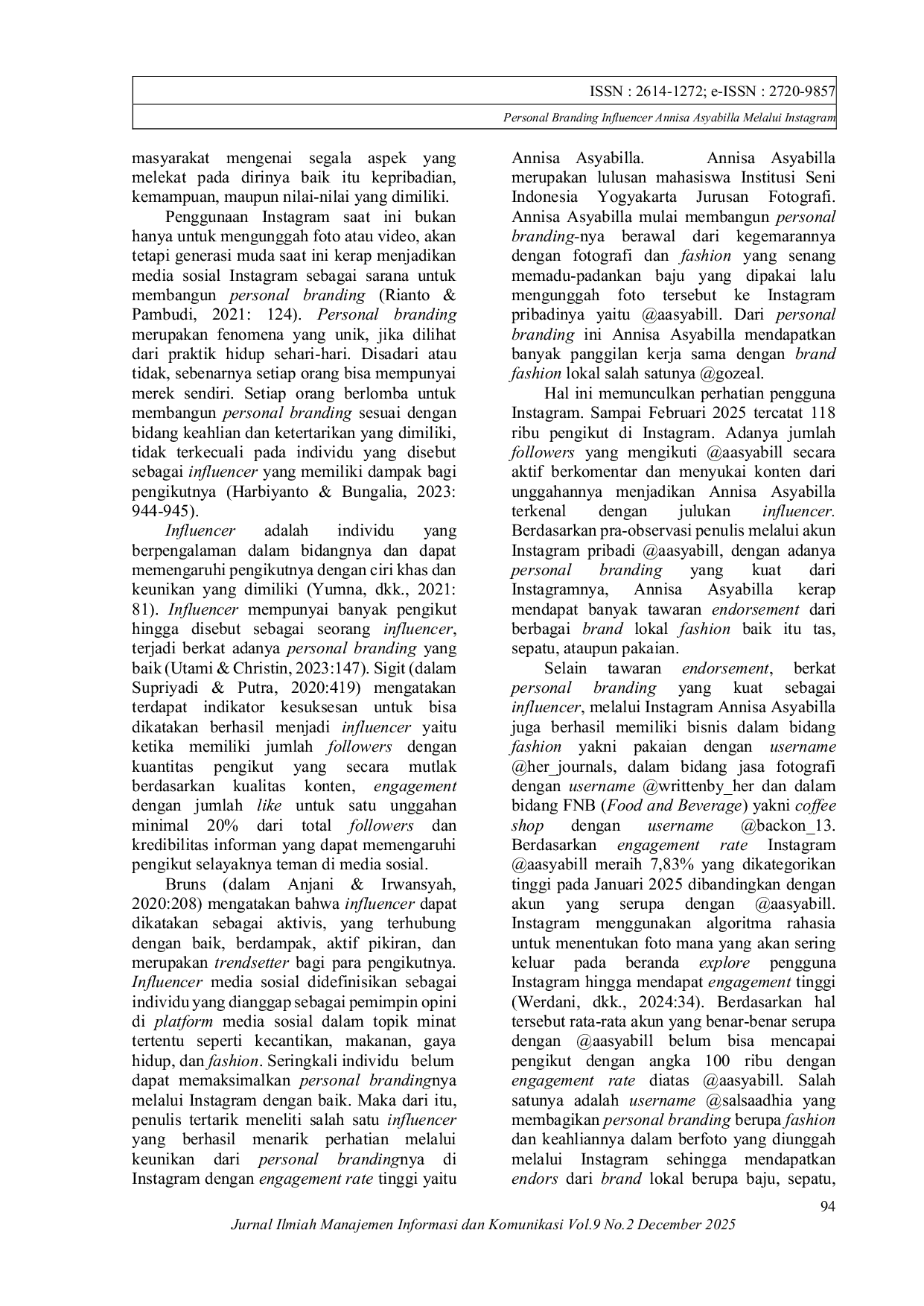 JURIS Personal Branding Influencer Annisa Asyabilla Melalui Instagram