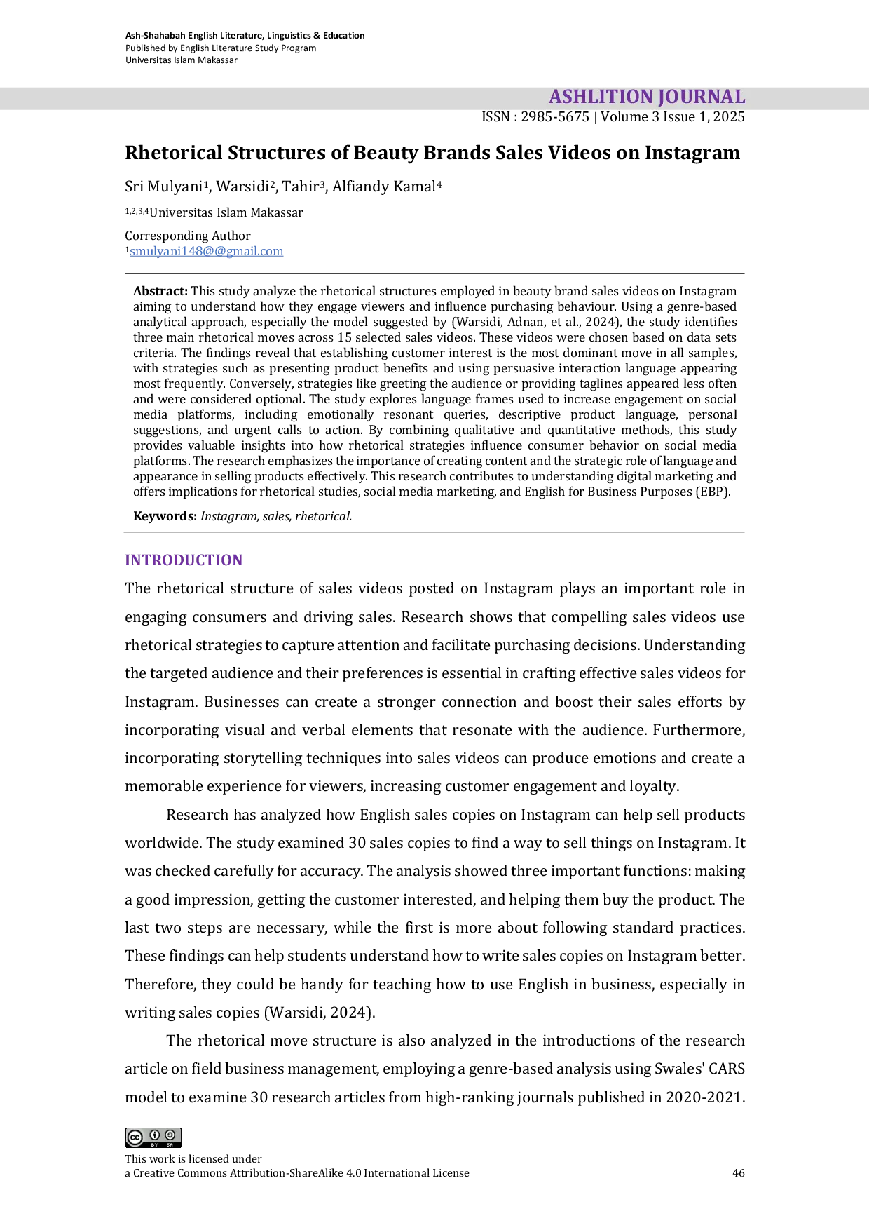 JURIS Rhetorical Structures of Beauty Brands Sales Videos on Instagram