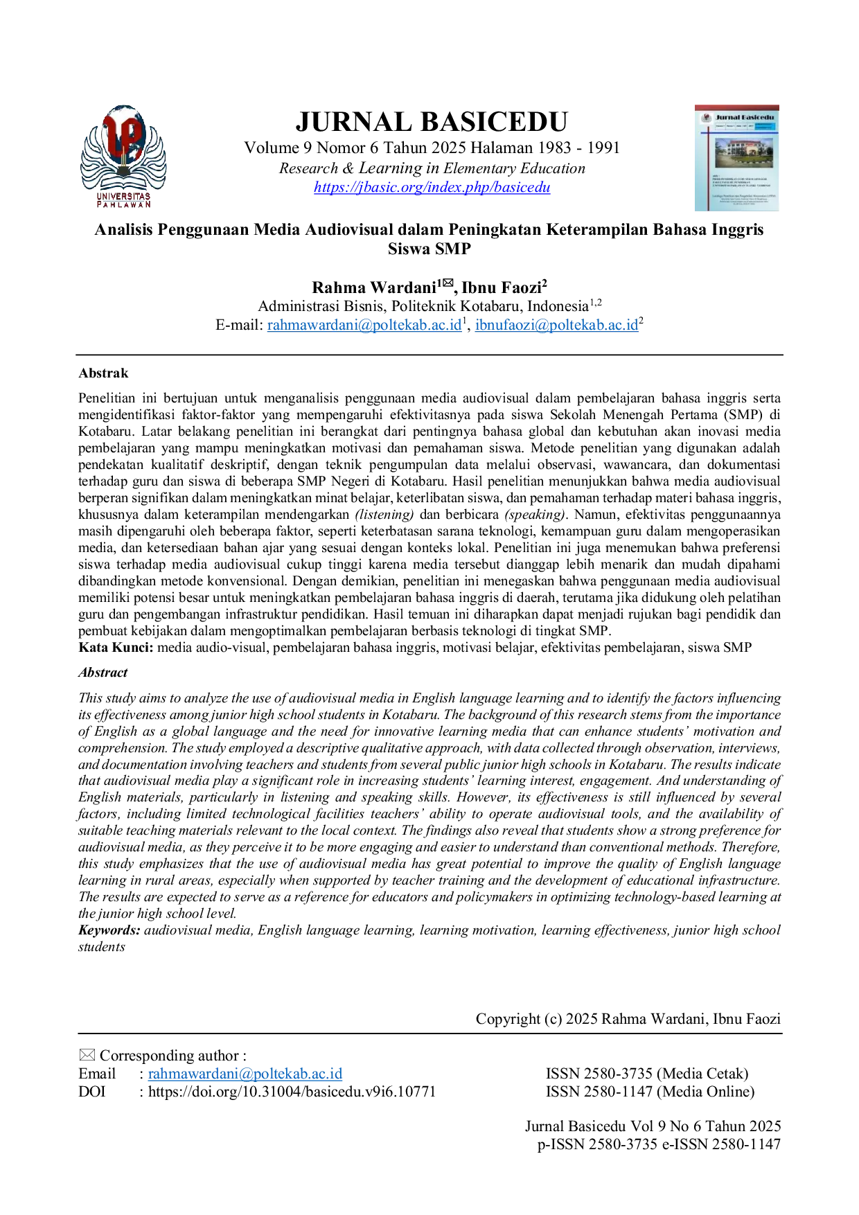JURIS Analisis Penggunaan Media Audiovisual dalam Peningkatan Keterampilan Bahasa Inggris Siswa SMP
