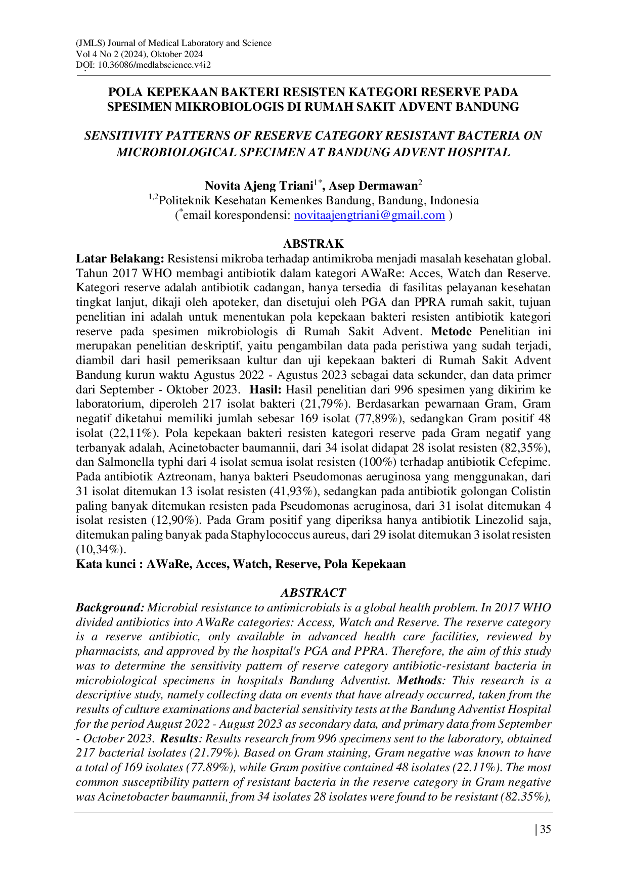 JURIS Pola Kepekaan Bakteri Resisten Kategori Reserve Pada Spesimen Mikrobiologis Di Rumah Sakit Advent Bandung