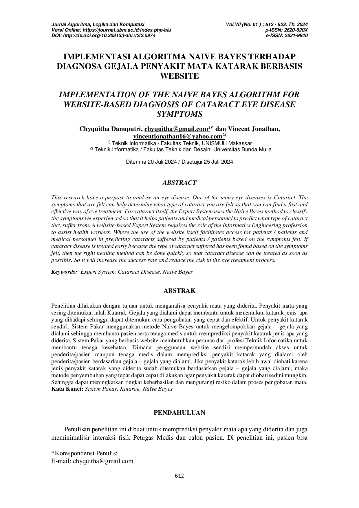 JURIS IMPLEMENTASI ALGORITMA NAIVE BAYES TERHADAP DIAGNOSA GEJALA PENYAKIT MATA KATARAK BERBASIS WEBSITE