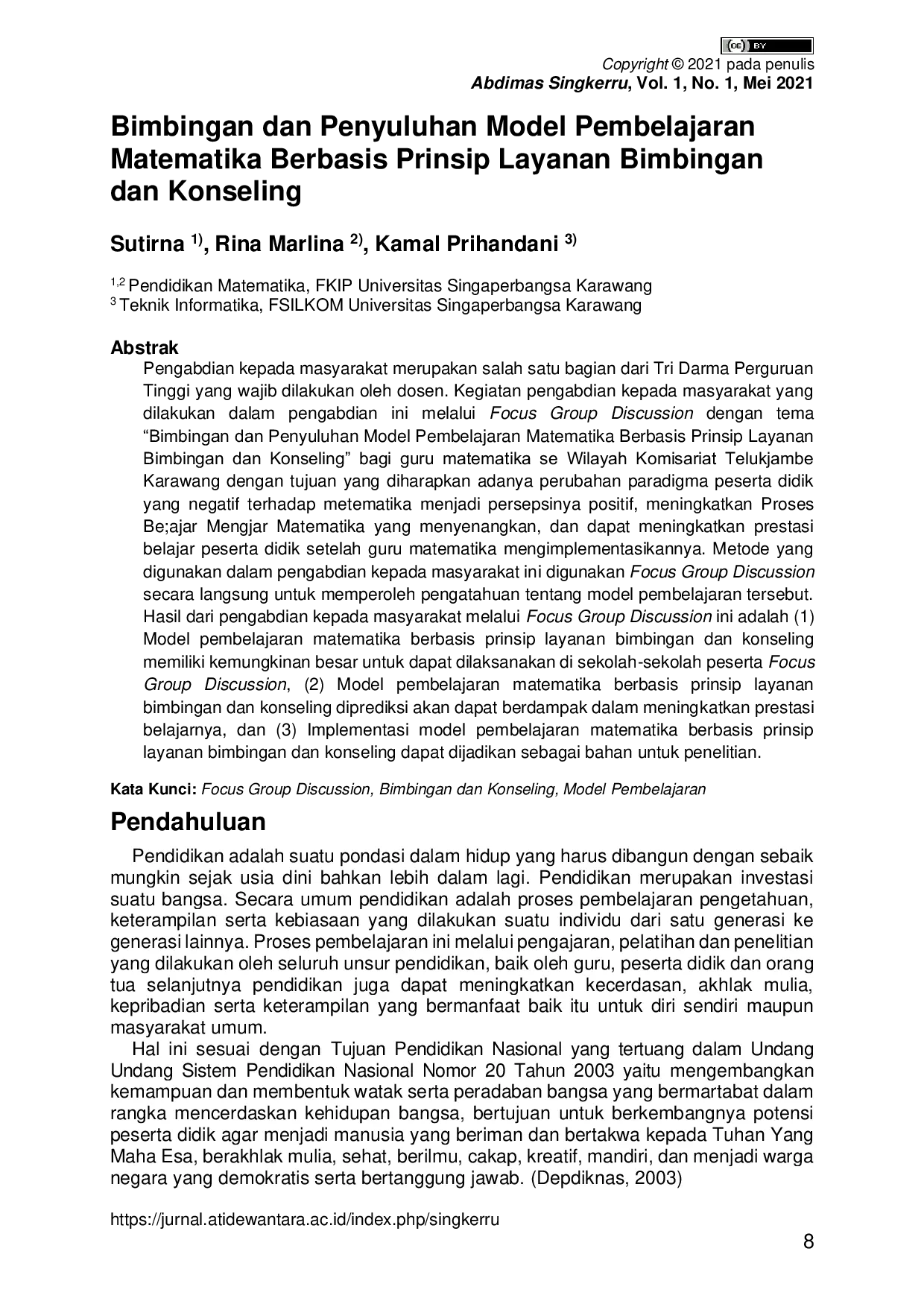 JURIS Bimbingan dan Penyuluhan Model Pembelajaran Matematika Berbasis Prinsip Layanan Bimbingan dan Konseling