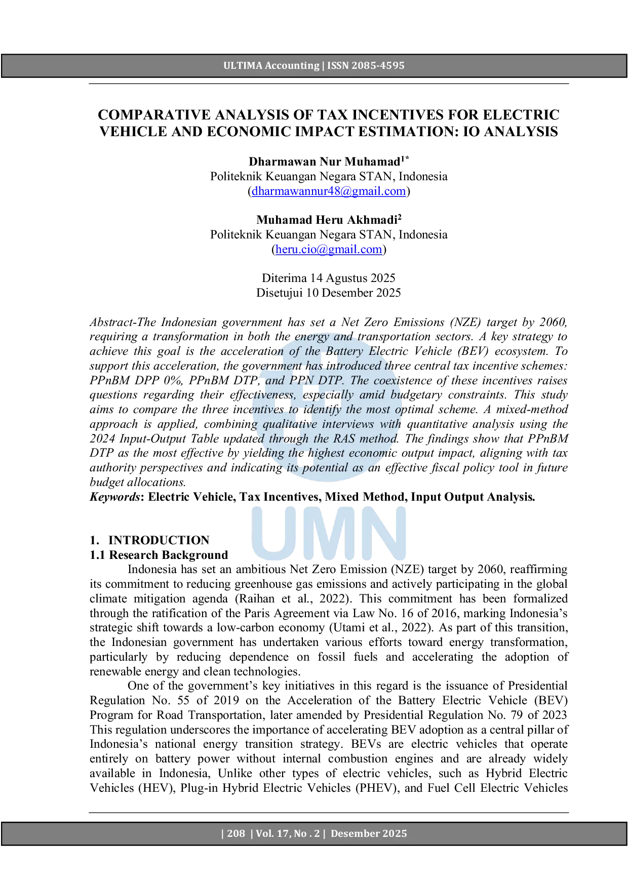 JURIS Comparative Analysis of Tax Incentives for Electric Vehicle and Economic Impact Estimation Input Output Analysis