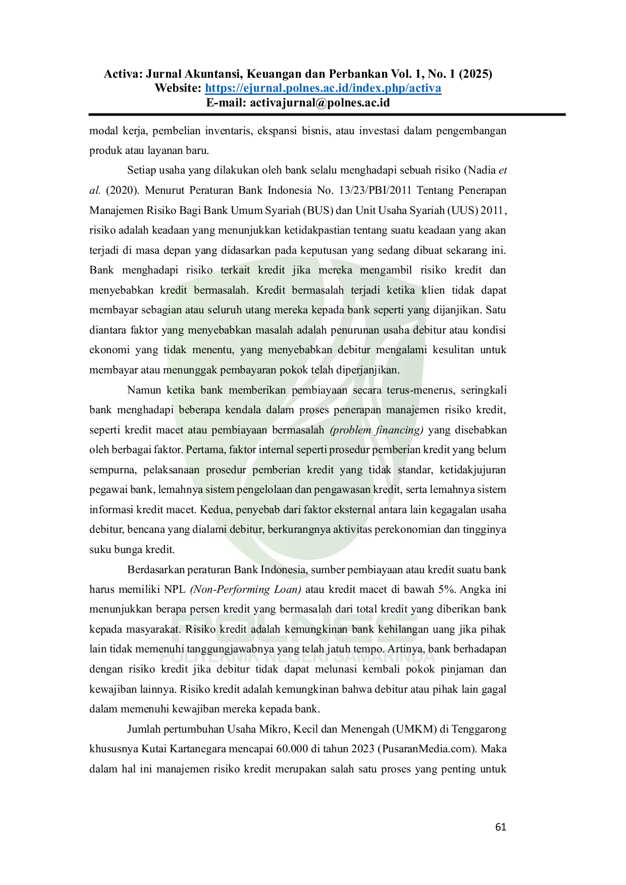 JURIS Penerapan Manajemen Risiko Kredit Pada Pembiayaan UMKM Dalam Meminimalisir Pembiayaan Bermasalah Pada Bank Syariah Indonesia Cabang Tenggarong