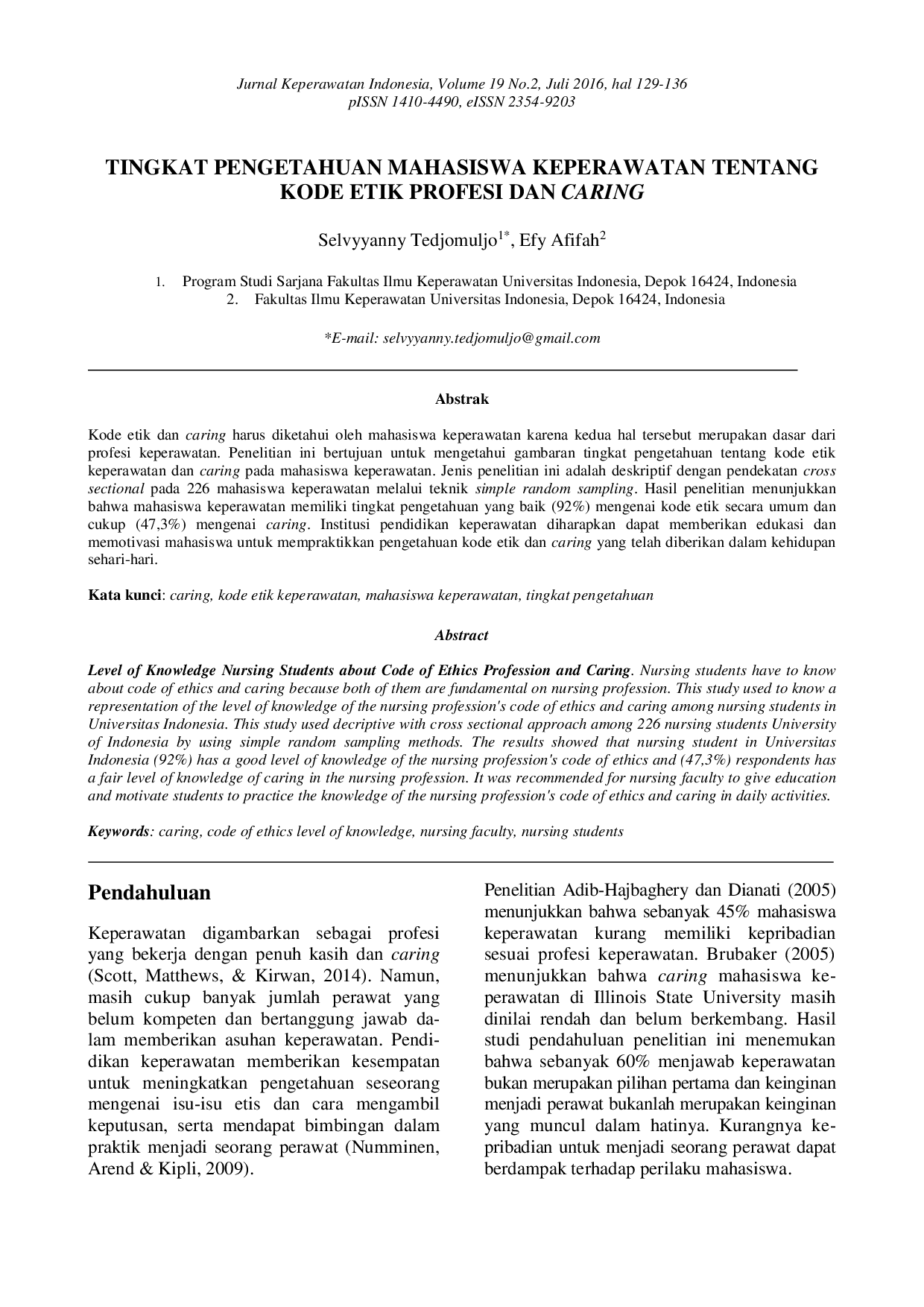 juris Tingkat Pengetahuan Mahasiswa Keperawatan Tentang Kode Etik Profesi dan Caring