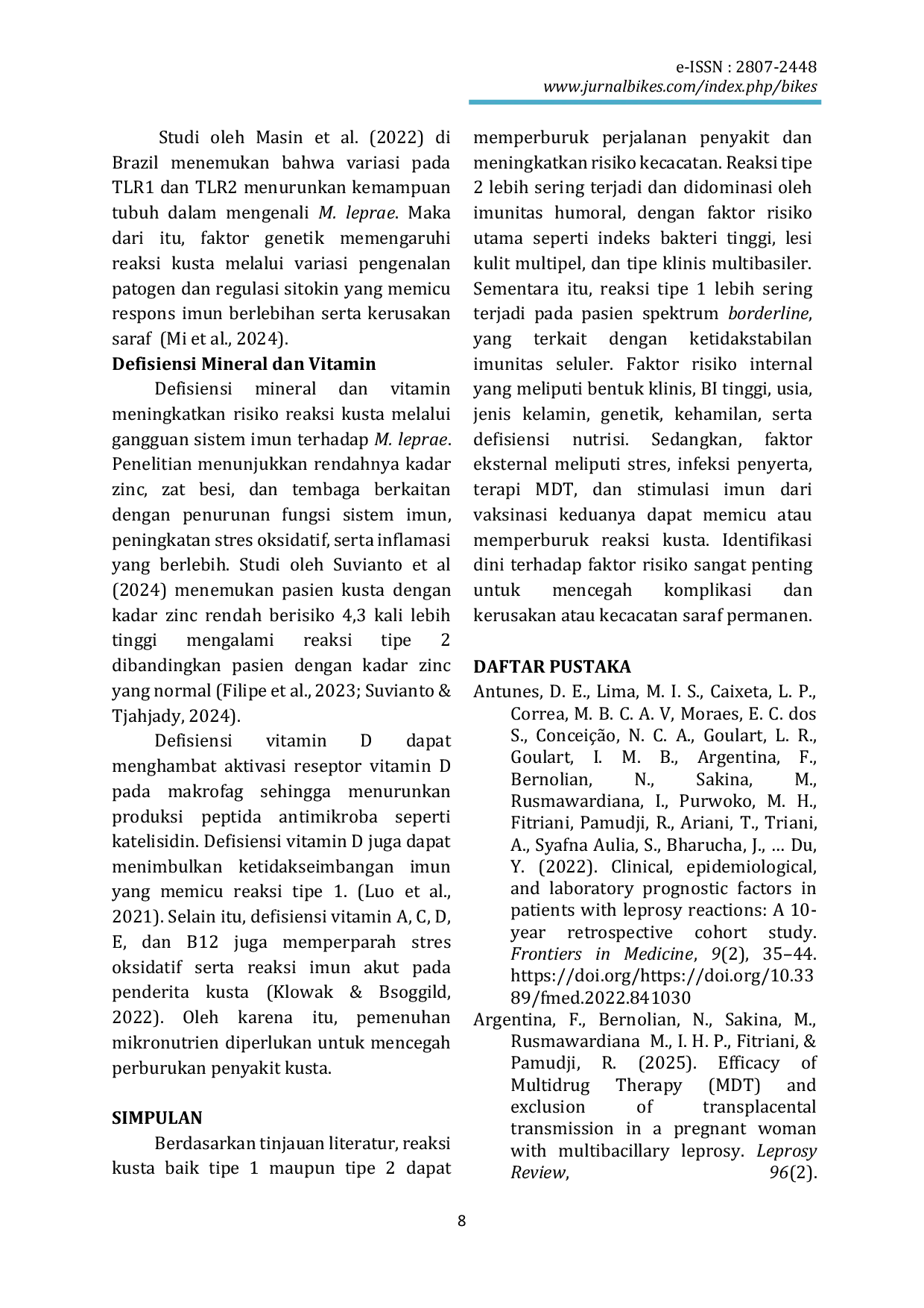 JURIS Faktor Risiko Reaksi Kusta Tinjauan Terhadap Reaksi Tipe 1 dan Tipe 2 pada Pasien Kusta