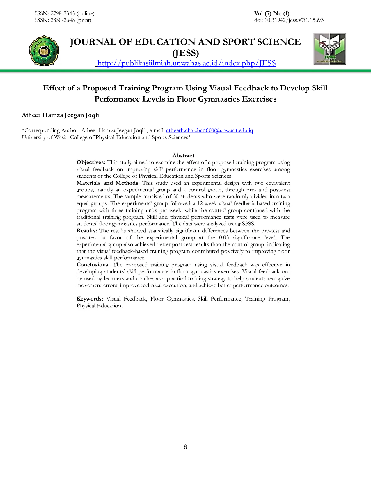 JURIS Effect of a Proposed Training Program Using Visual Feedback to Develop Skill Performance Levels in Floor Gymnastics Exercises