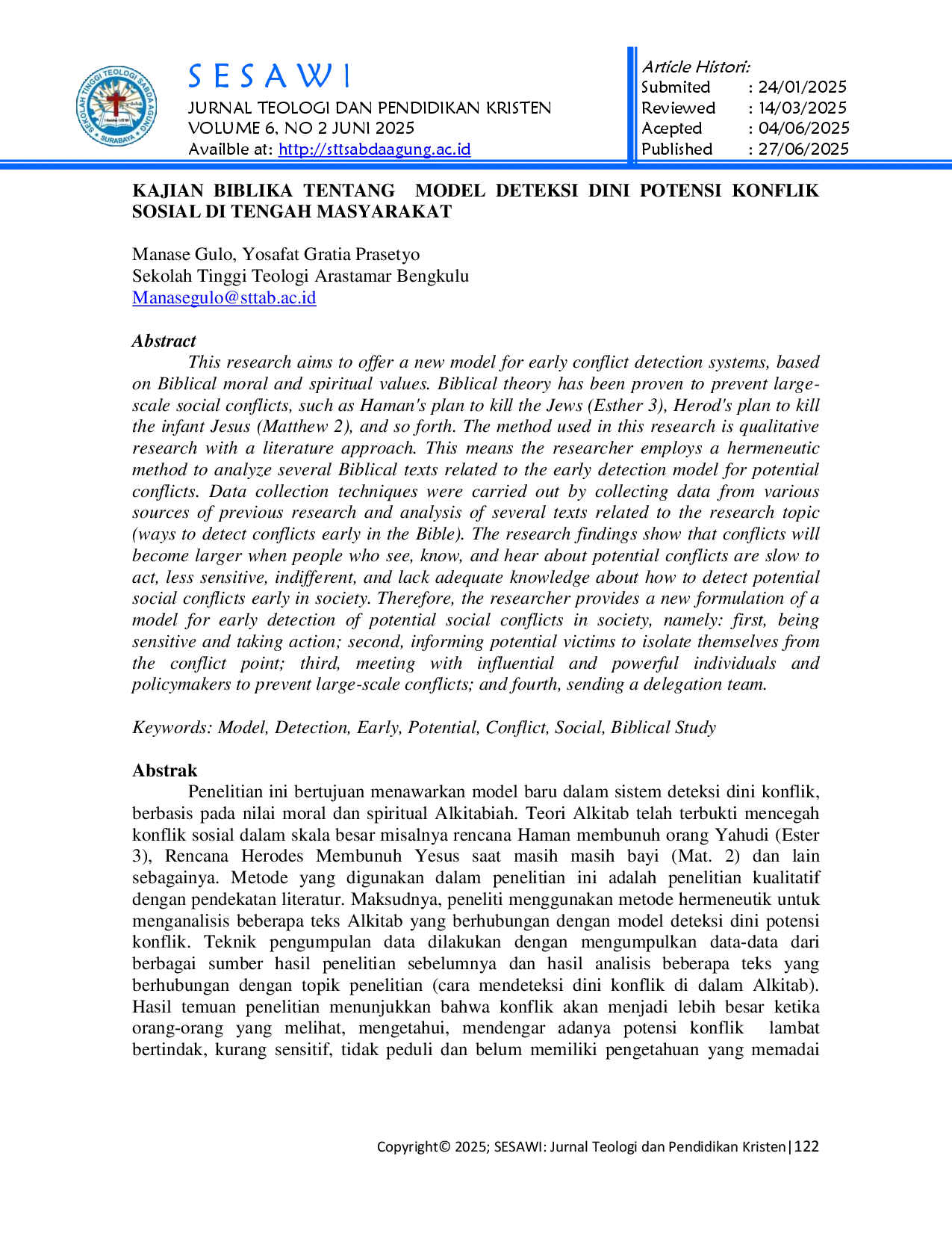 juris Kajian Biblika Tentang Model Deteksi Dini Potensi Konflik Sosial Di Tengah Masyarakat
