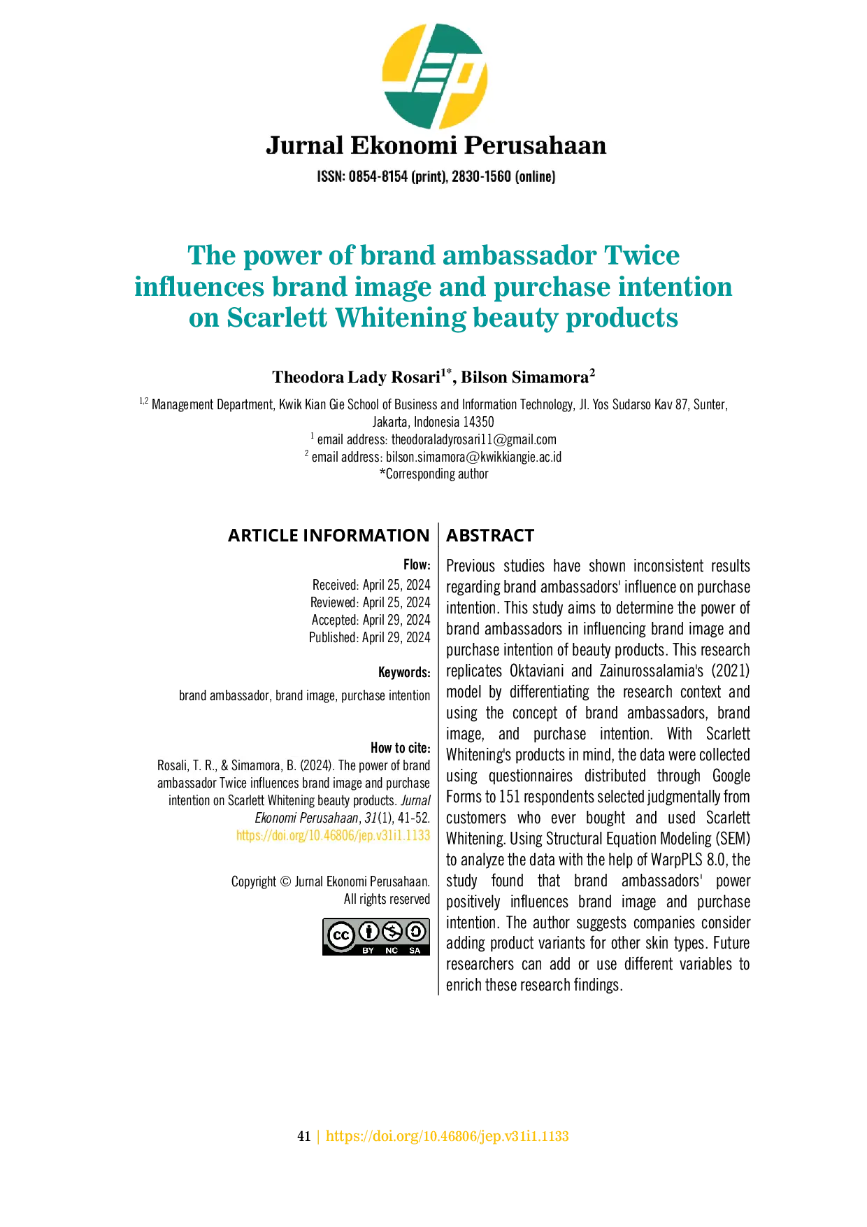 JURIS The power of brand ambassador Twice influences brand image and purchase intention on Scarlett Whitening beauty products