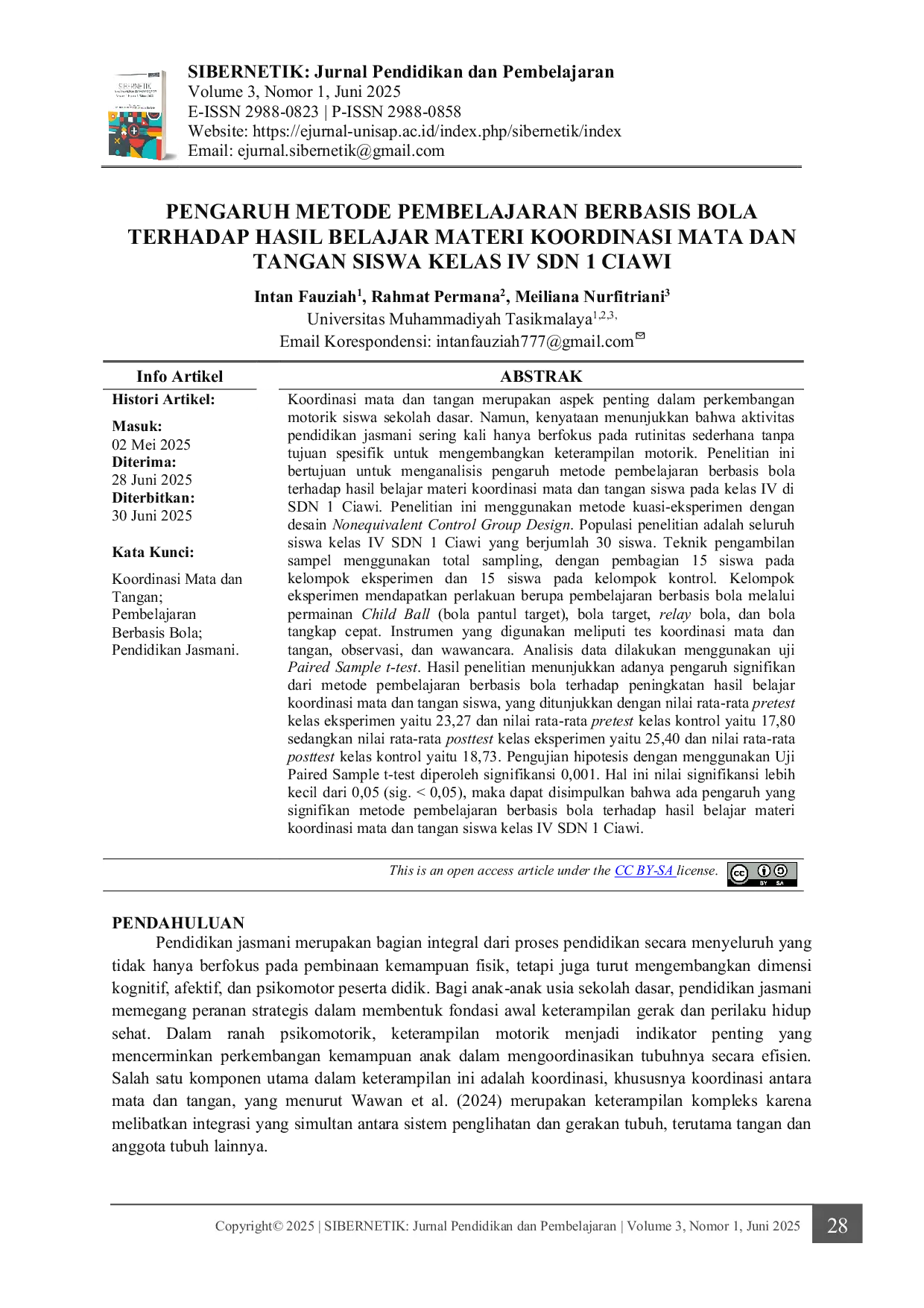 JURIS Pengaruh Metode Pembelajaran Berbasis Bola terhadap Hasil Belajar Materi Koordinasi Mata dan Tangan Siswa Kelas IV SDN 1 Ciawi