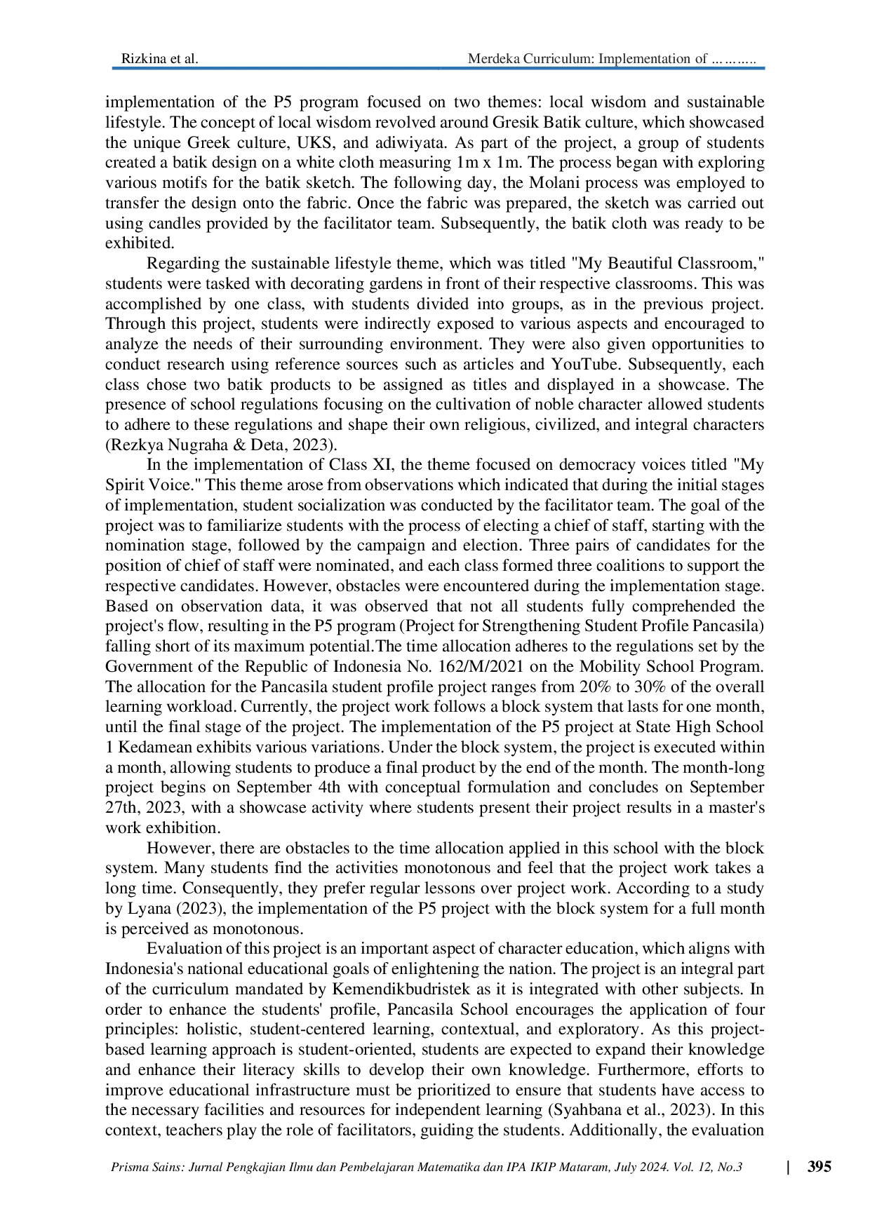 JURIS Merdeka Curriculum Implementation Of Pancasila Student Profile Enhancement Project P5 In State High School 1 Kedamean