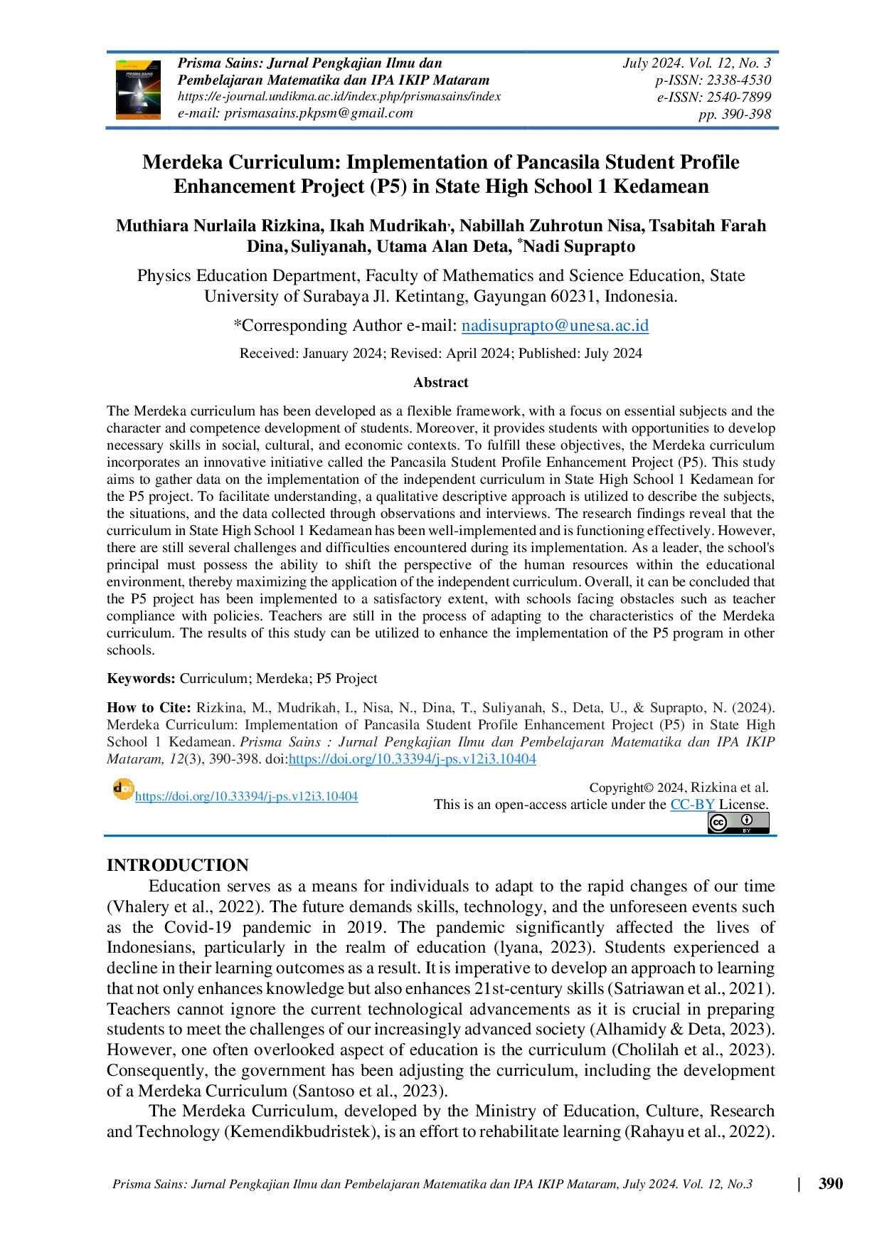 JURIS Merdeka Curriculum Implementation Of Pancasila Student Profile Enhancement Project P5 In State High School 1 Kedamean