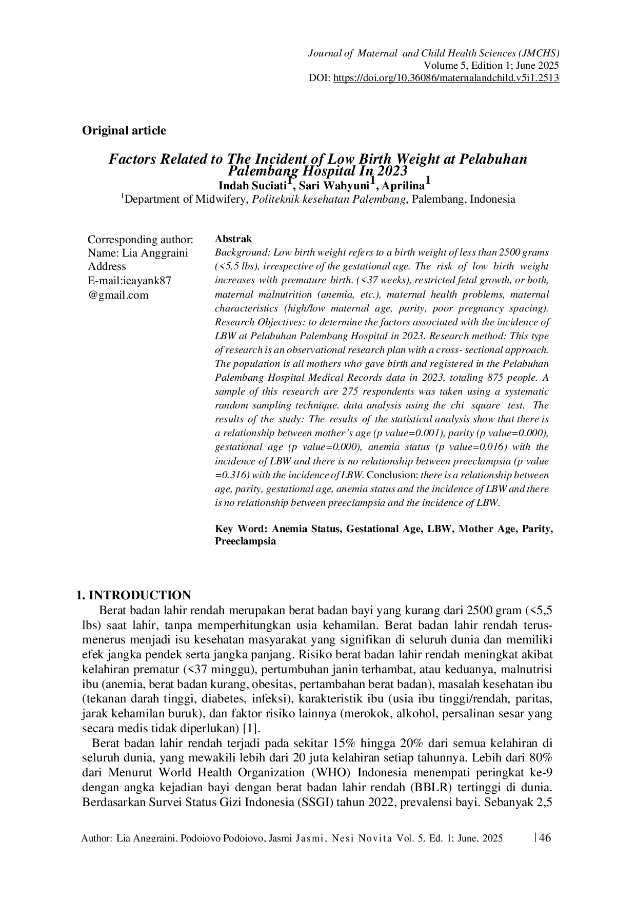 JURIS Faktor faktor Terkait dengan Kejadian Berat Badan Lahir Rendah di Rumah Sakit Pelabuhan Palembang Tahun 2023