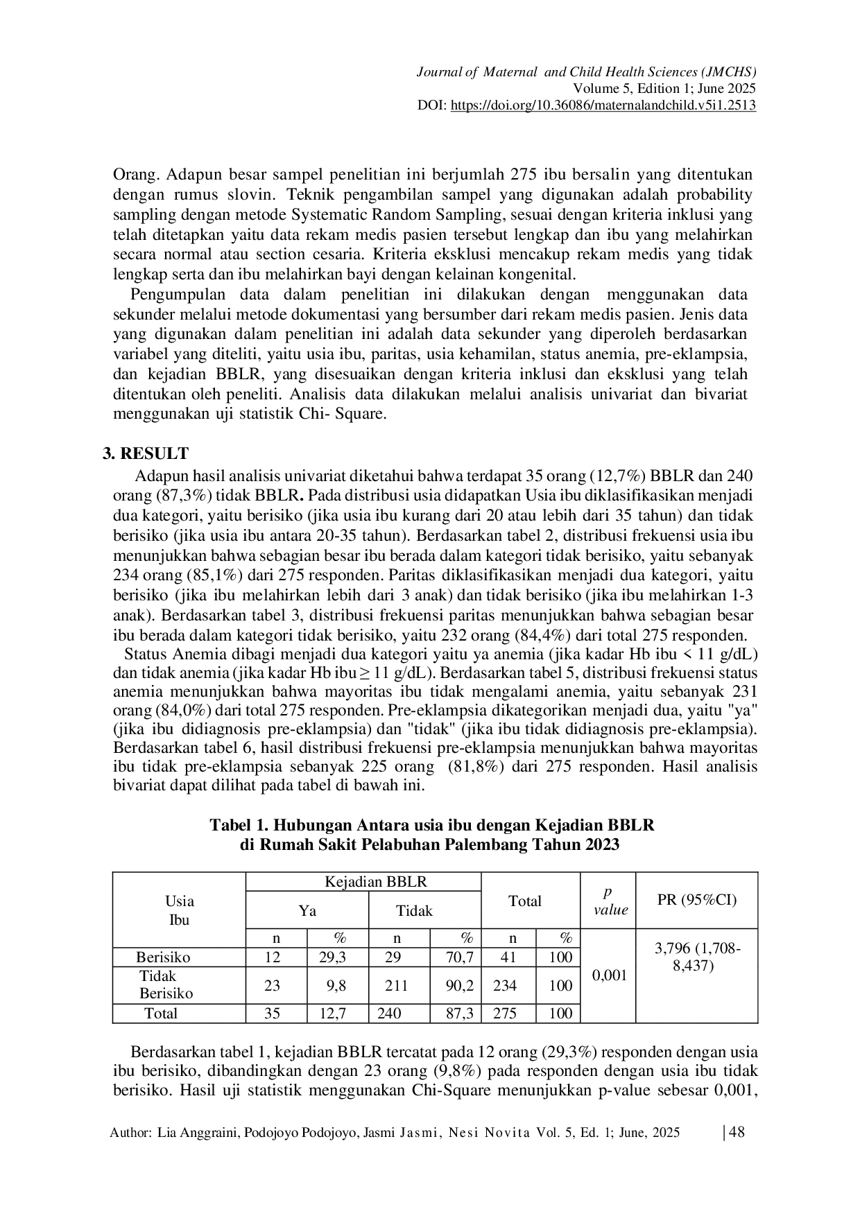 JURIS Faktor faktor Terkait dengan Kejadian Berat Badan Lahir Rendah di Rumah Sakit Pelabuhan Palembang Tahun 2023