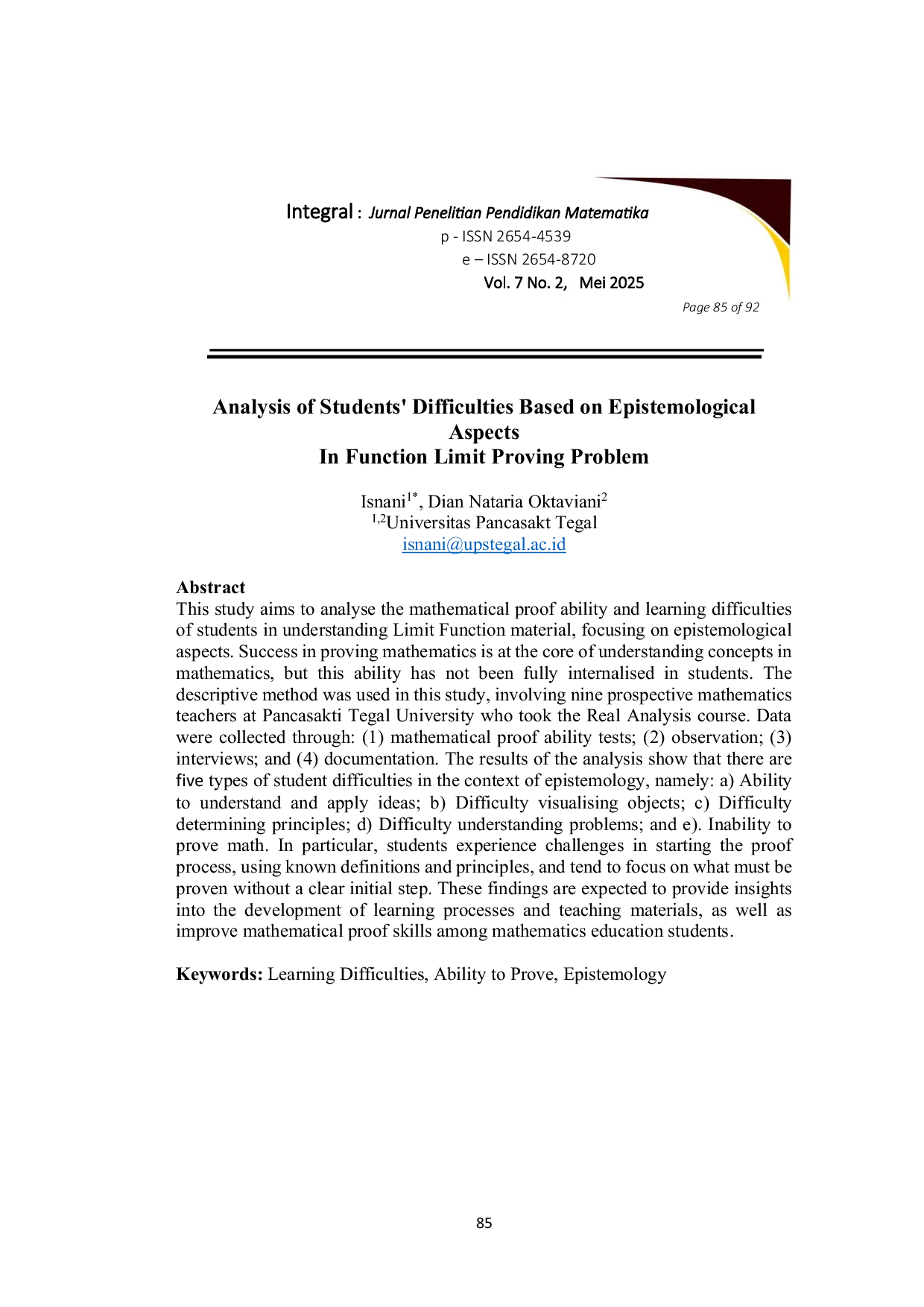 JURIS Analysis of Students Difficulties Based on Epistemological Aspects in Function Limit Proving Problem