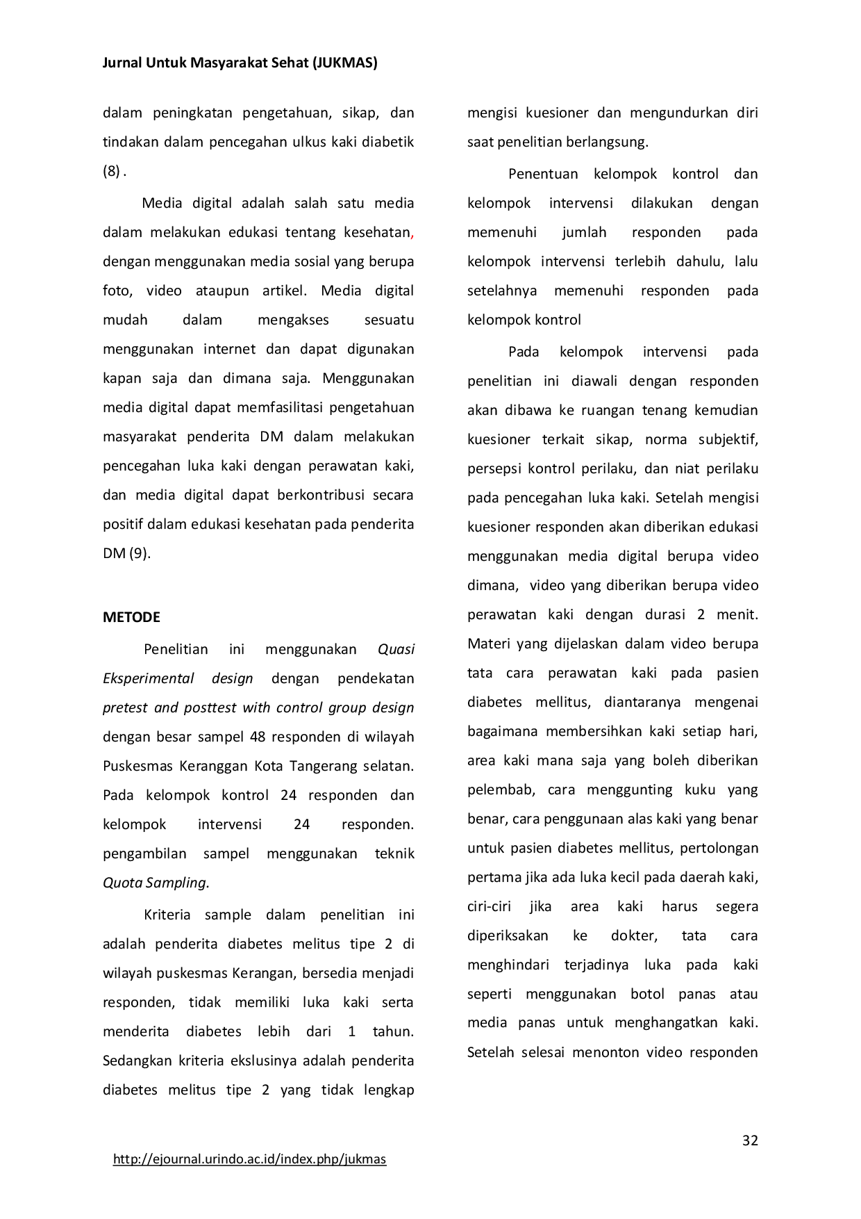 JURIS Pengaruh Edukasi Digital Tentang Perawatan Kaki Terhadap Niat Perilaku Pencegahan Luka Kaki Pasien Diabetes Melitus