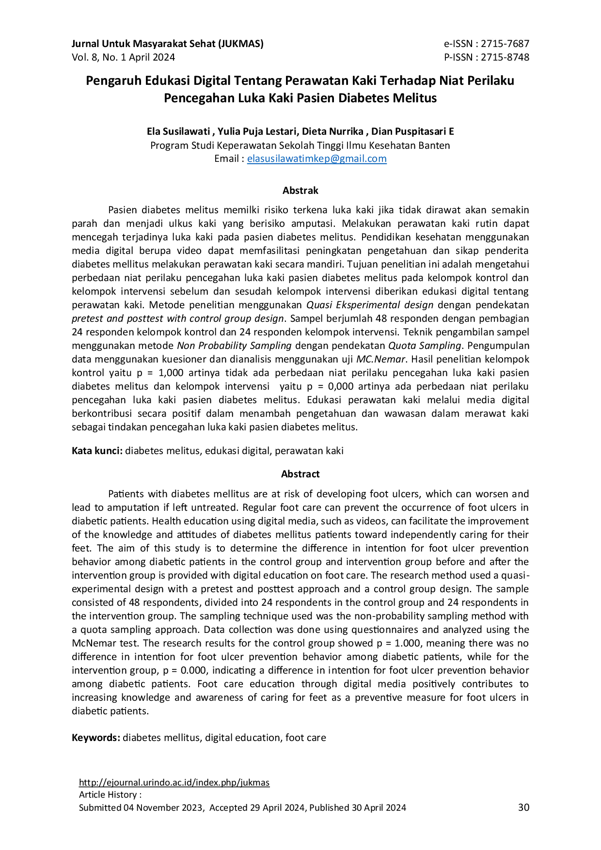JURIS Pengaruh Edukasi Digital Tentang Perawatan Kaki Terhadap Niat Perilaku Pencegahan Luka Kaki Pasien Diabetes Melitus