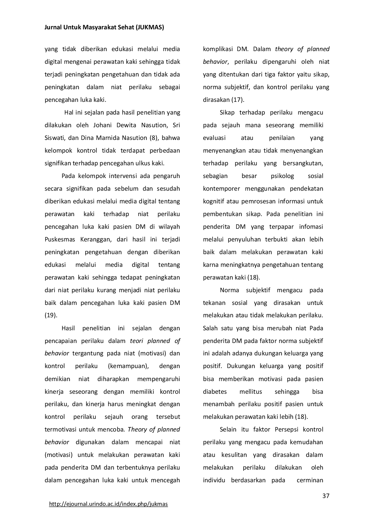 JURIS Pengaruh Edukasi Digital Tentang Perawatan Kaki Terhadap Niat Perilaku Pencegahan Luka Kaki Pasien Diabetes Melitus