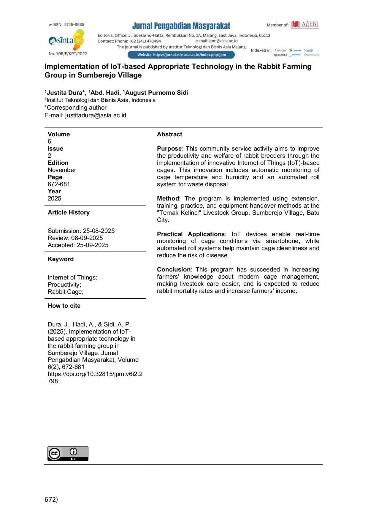 JURIS Implementation of IoT based Appropriate Technology in the Rabbit Farming Group in Sumberejo Village