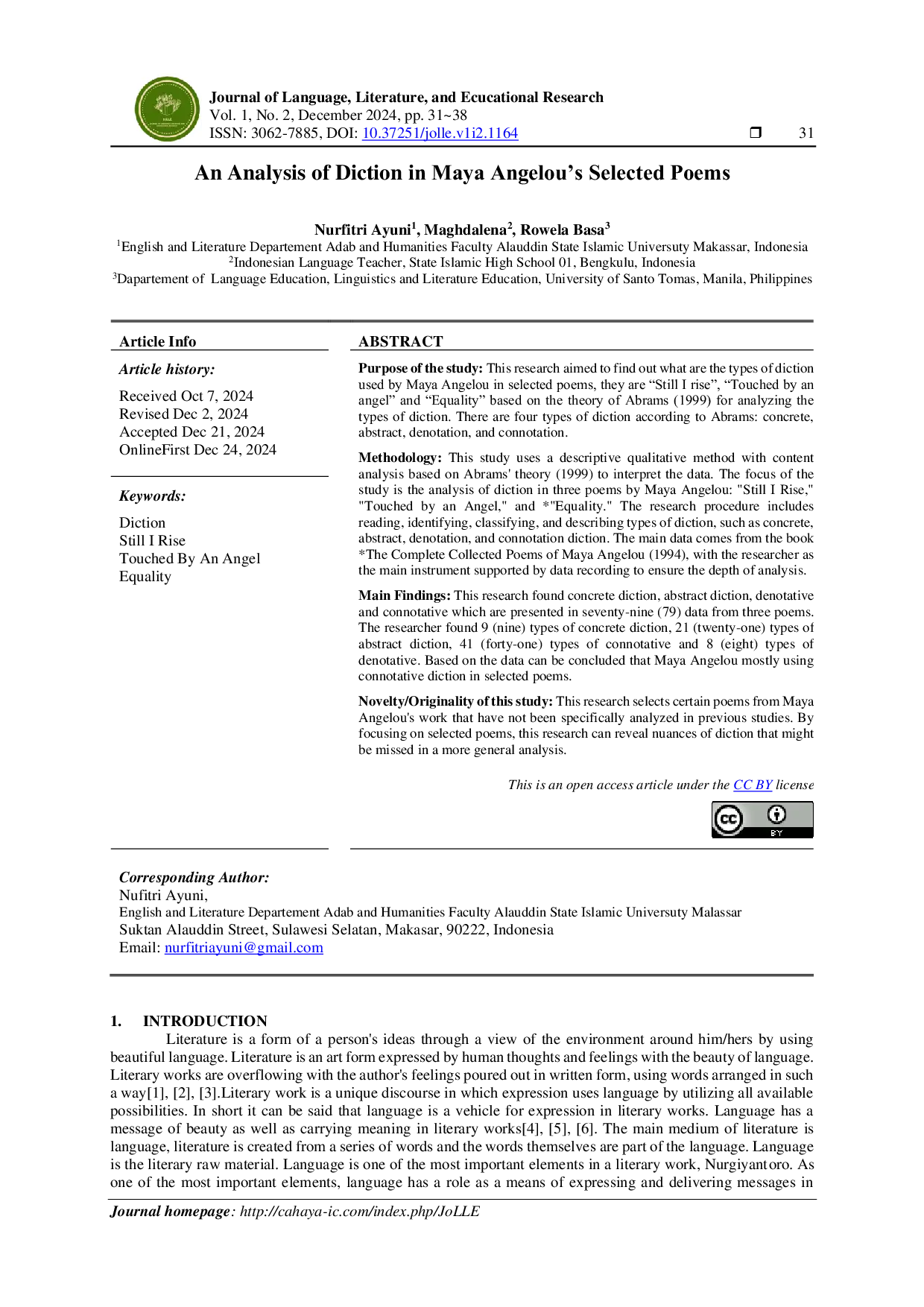 JURIS An Analysis of Diction in Maya Angelou s Selected Poems