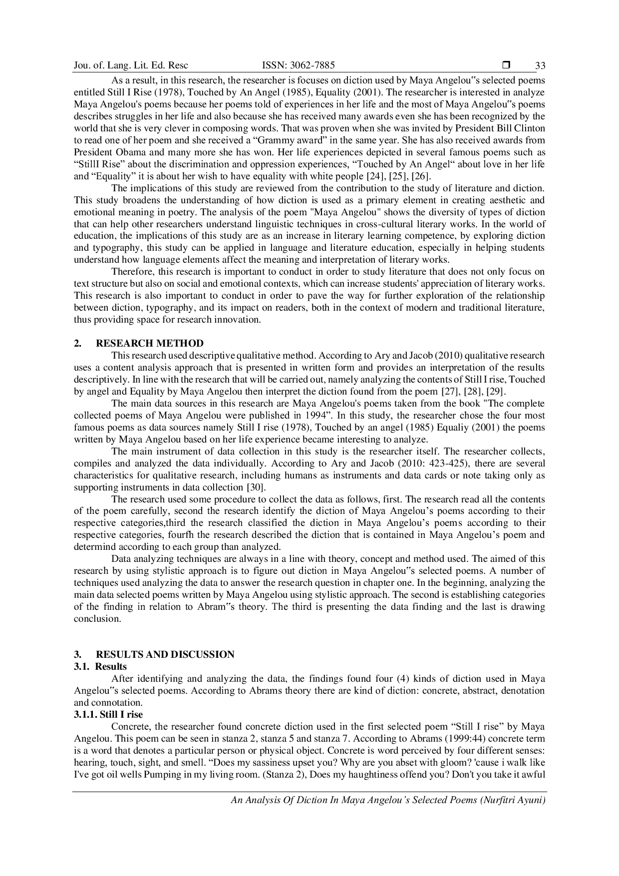 JURIS An Analysis of Diction in Maya Angelou s Selected Poems