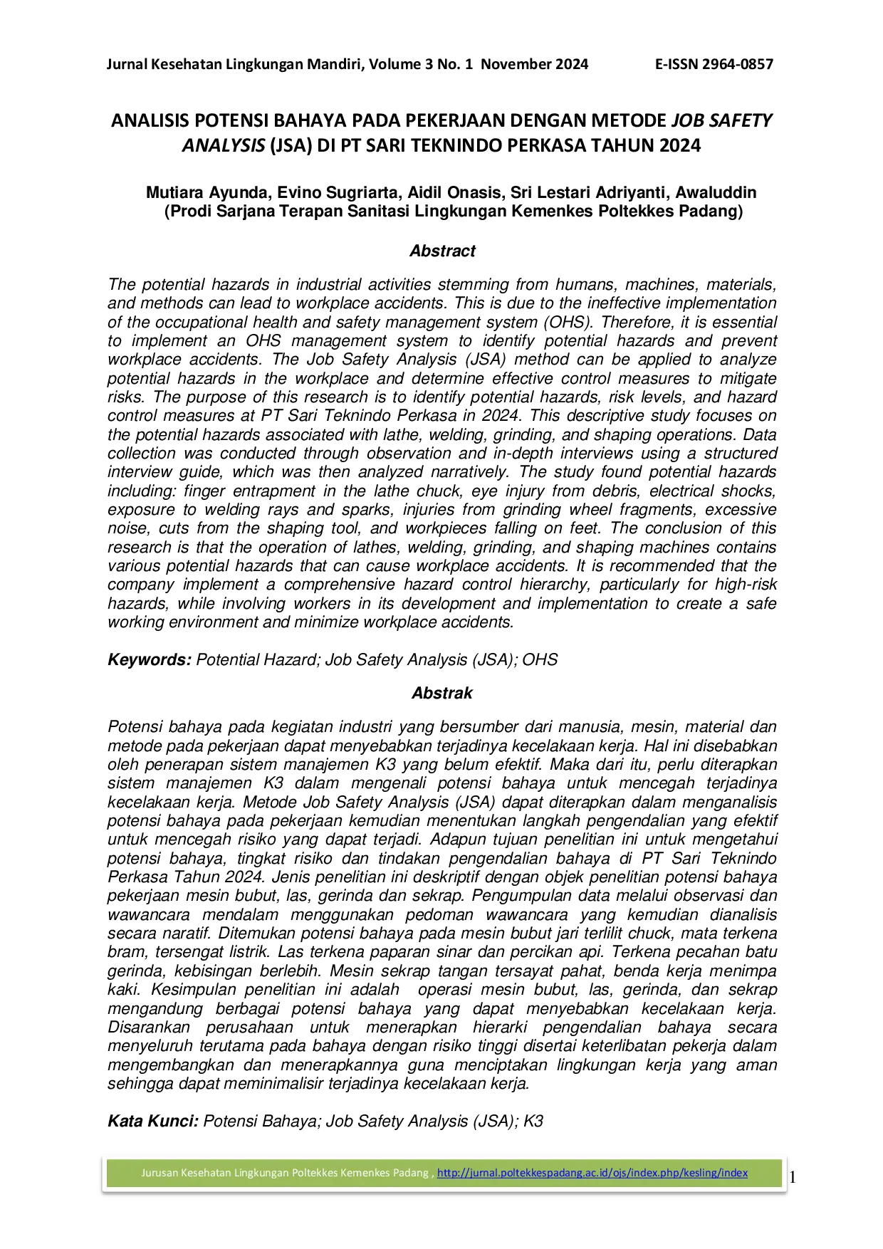 JURIS Analisis Potensi Bahaya pada Pekerjaan dengan Metode Job Safety Analysis JSA di PT Sari Teknindo Perkasa Tahun 2024