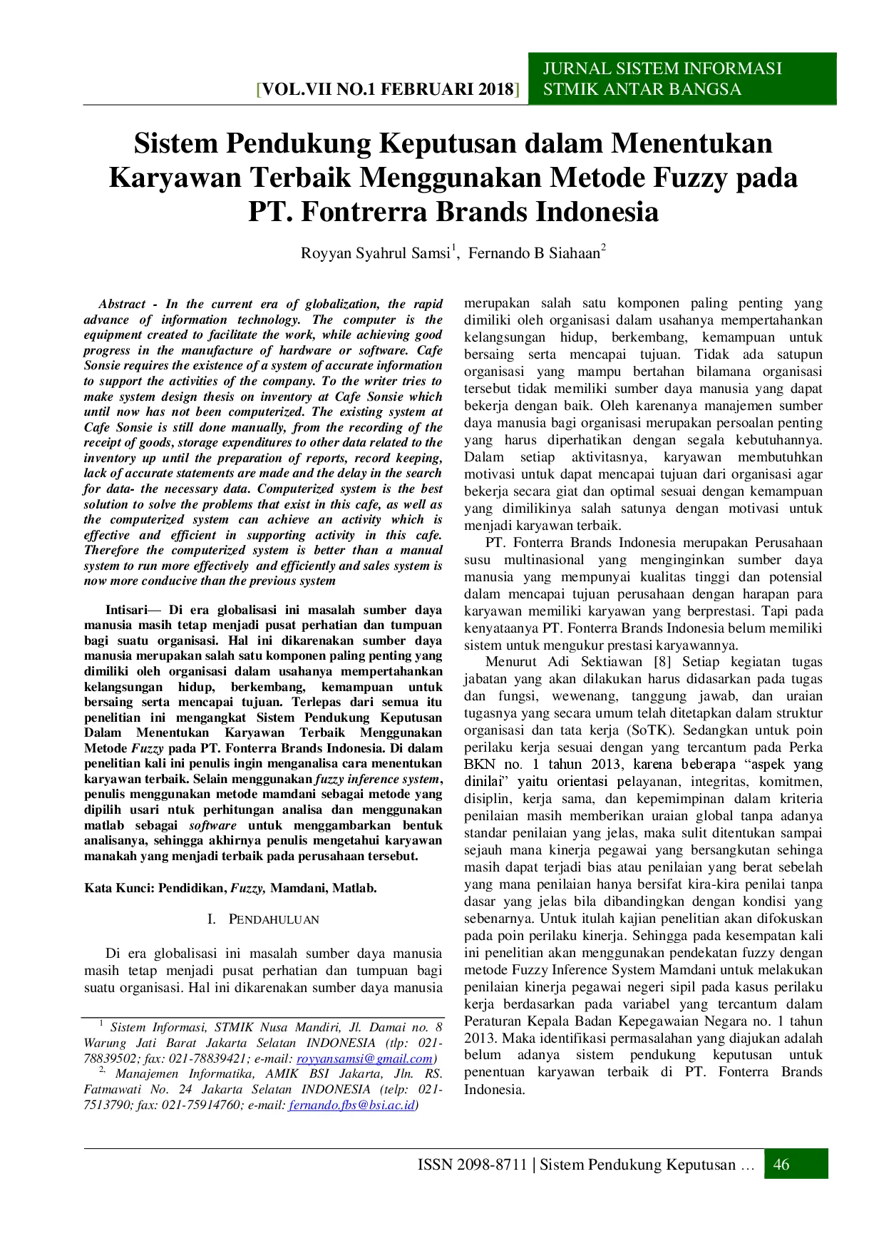 juris Sistem Pendukung Keputusan dalam Menentukan Karyawan Terbaik Menggunakan Metode Fuzzy pada PT Fontrerra Brands Indonesia