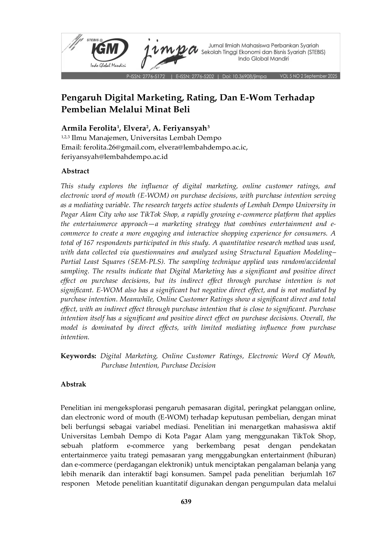 JURIS Pengaruh Digital Marketing Rating Dan E Wom Terhadap Pembelian Melalui Minat Beli