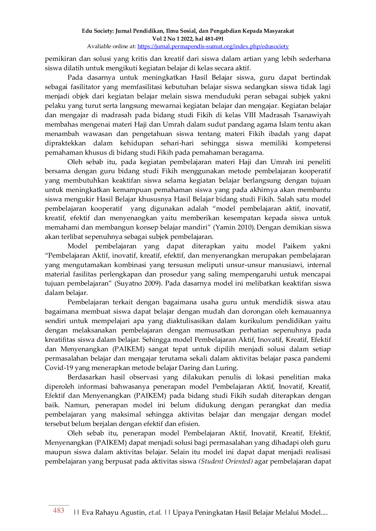 JURIS Upaya Peningkatan Hasil Belajar Melalui Model PAIKEM pada Mata Pelajaran Fikih Siswa Kelas VIII MTs Swasta Miftahul Jannah Tanjung Pura