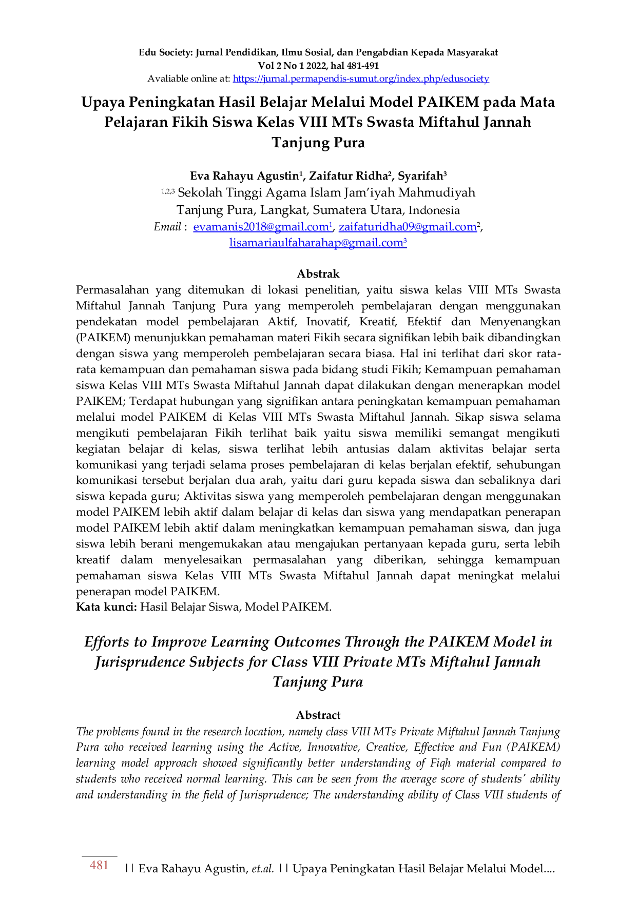 JURIS Upaya Peningkatan Hasil Belajar Melalui Model PAIKEM pada Mata Pelajaran Fikih Siswa Kelas VIII MTs Swasta Miftahul Jannah Tanjung Pura
