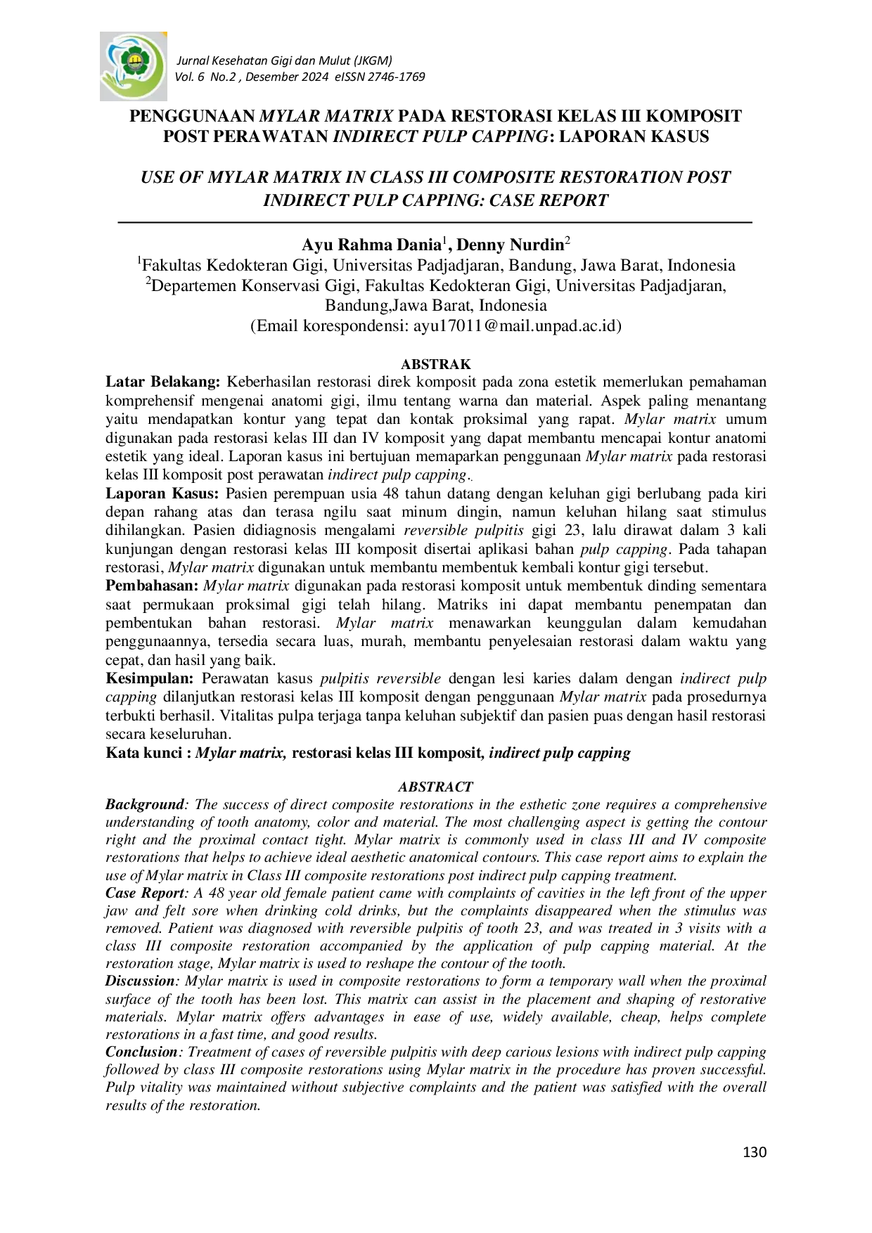 JURIS Penggunaan Mylar Matrix Pada Restorasi Kelas III Komposit Post Perawatan Indirect Pulp Capping Laporan Kasus